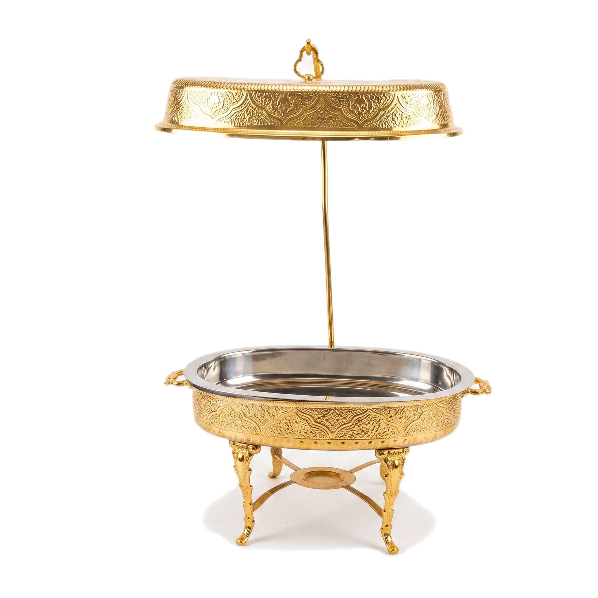 G.N 5-Liter, 5-Person Oval Brass Lift-Top Chafing Dishes With Golden Stand Kaka Bawa Sons