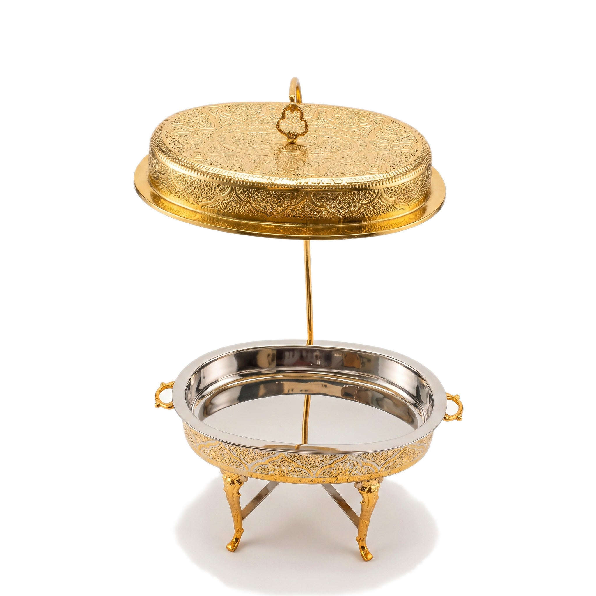 G.N 5-Liter, 5-Person Oval Brass Lift-Top Chafing Dishes With Golden Stand Kaka Bawa Sons