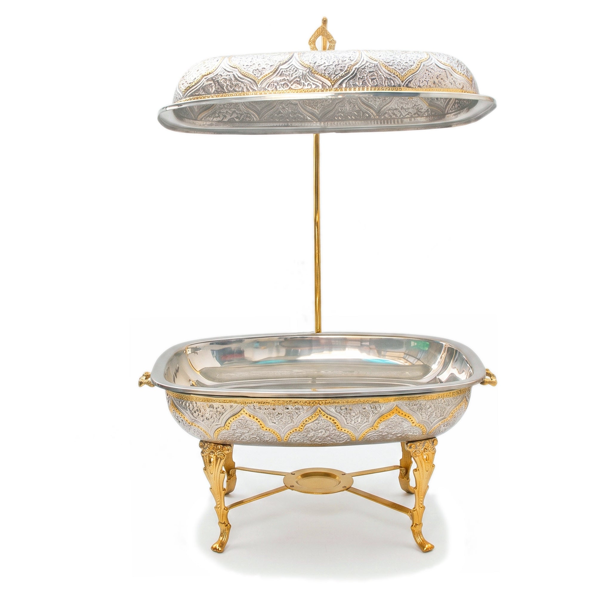 G.N 5-liter, 5-person Rectangular Silver Brass Chafing Dish With Golden Design AND Golden Stand