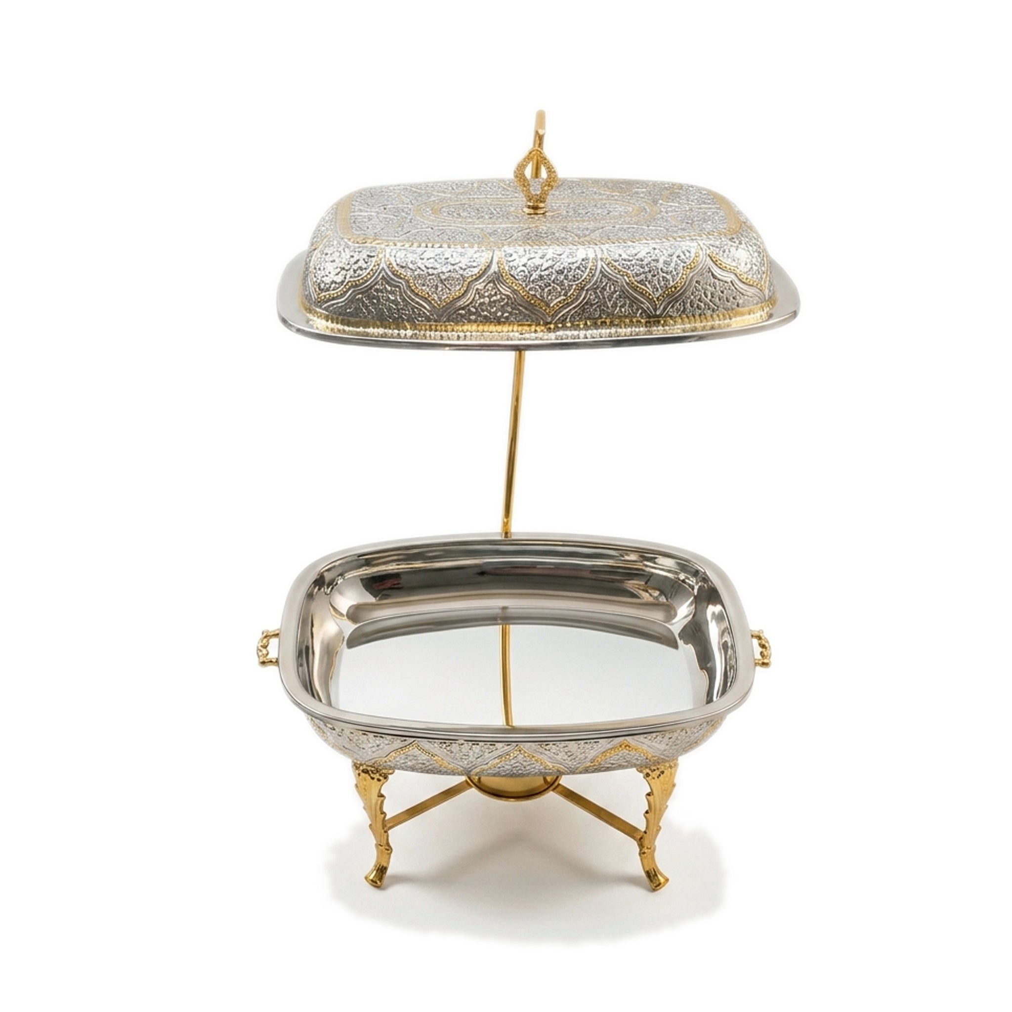 G.N 5-liter, 5-person Rectangular Silver Brass Chafing Dish With Golden Design AND Golden Stand