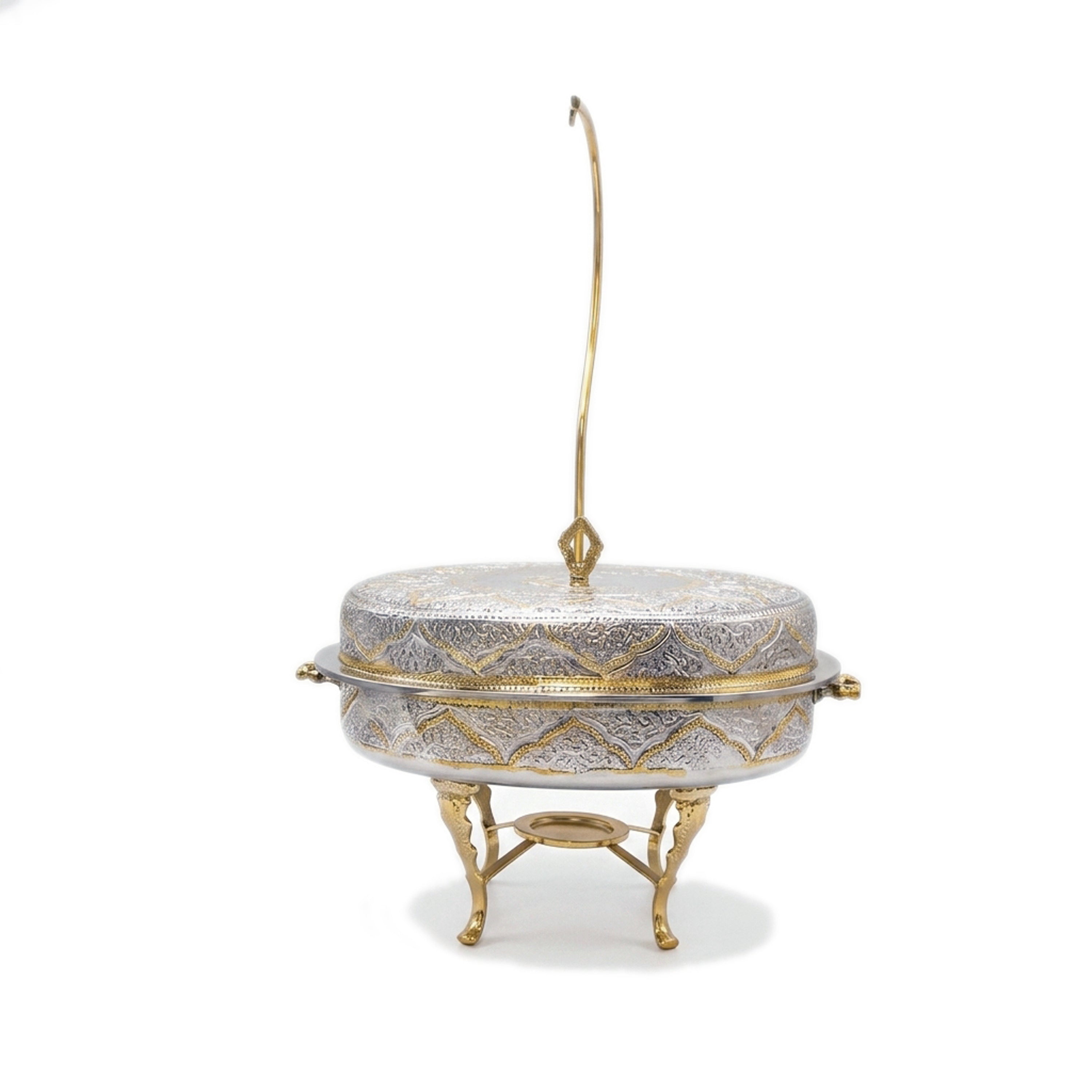 G.N 5-Liter, 5-Person Oval Brass Lift-Top Chafing Dishes With Golden Stand Kaka Bawa Sons