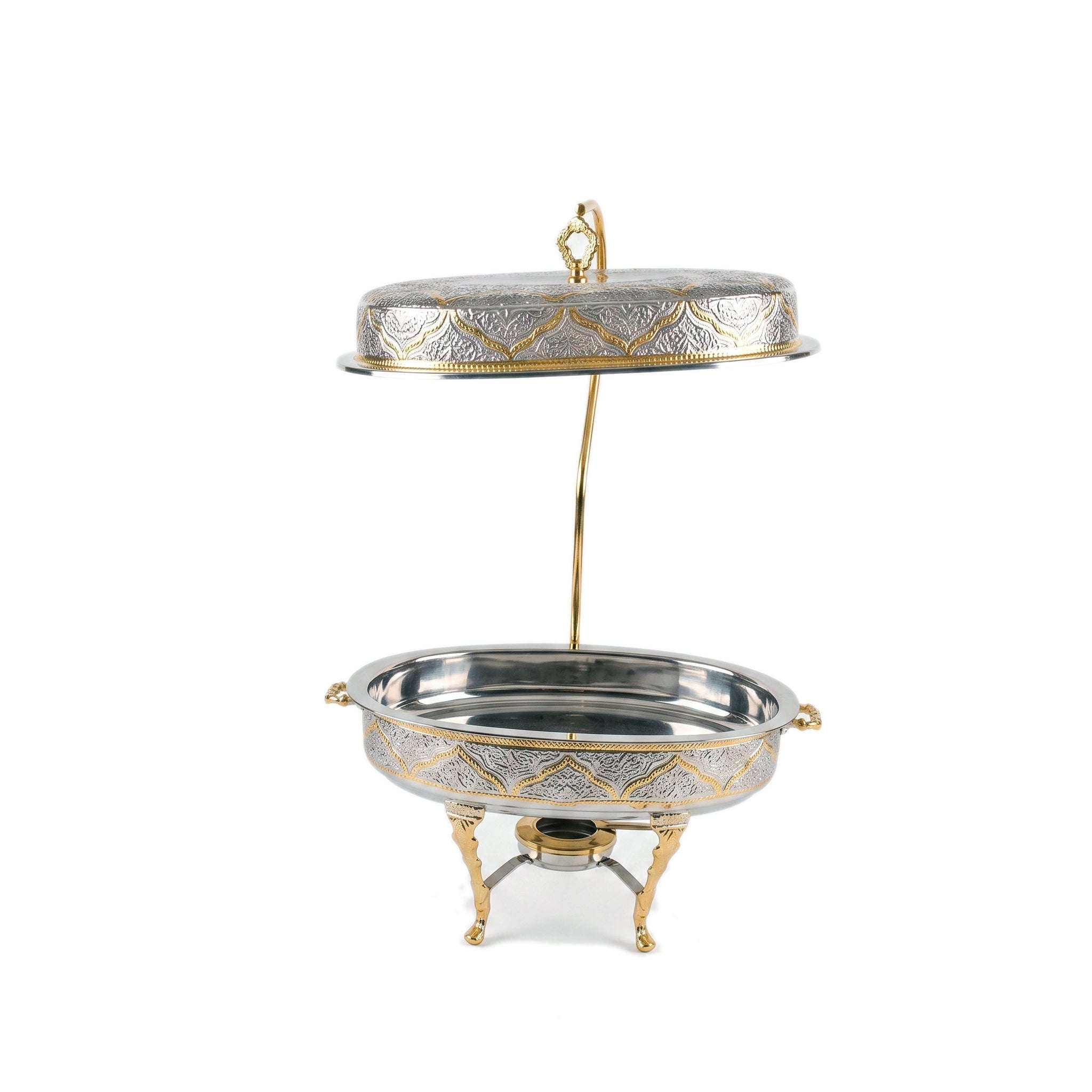 G.N 5-Liter, 5-Person Oval Brass Lift-Top Chafing Dishes With Golden Stand Kaka Bawa Sons