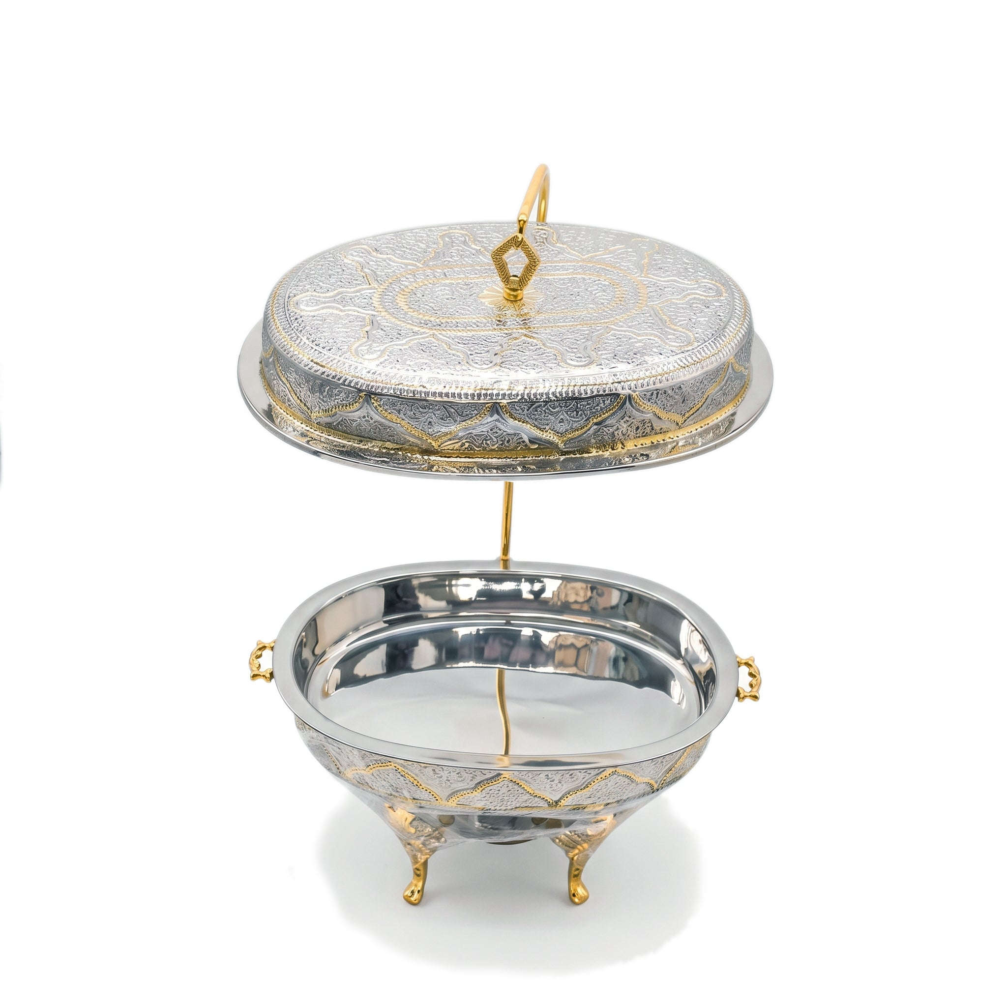 G.N 5-Liter, 5-Person Oval Brass Lift-Top Chafing Dishes With Golden Stand Kaka Bawa Sons