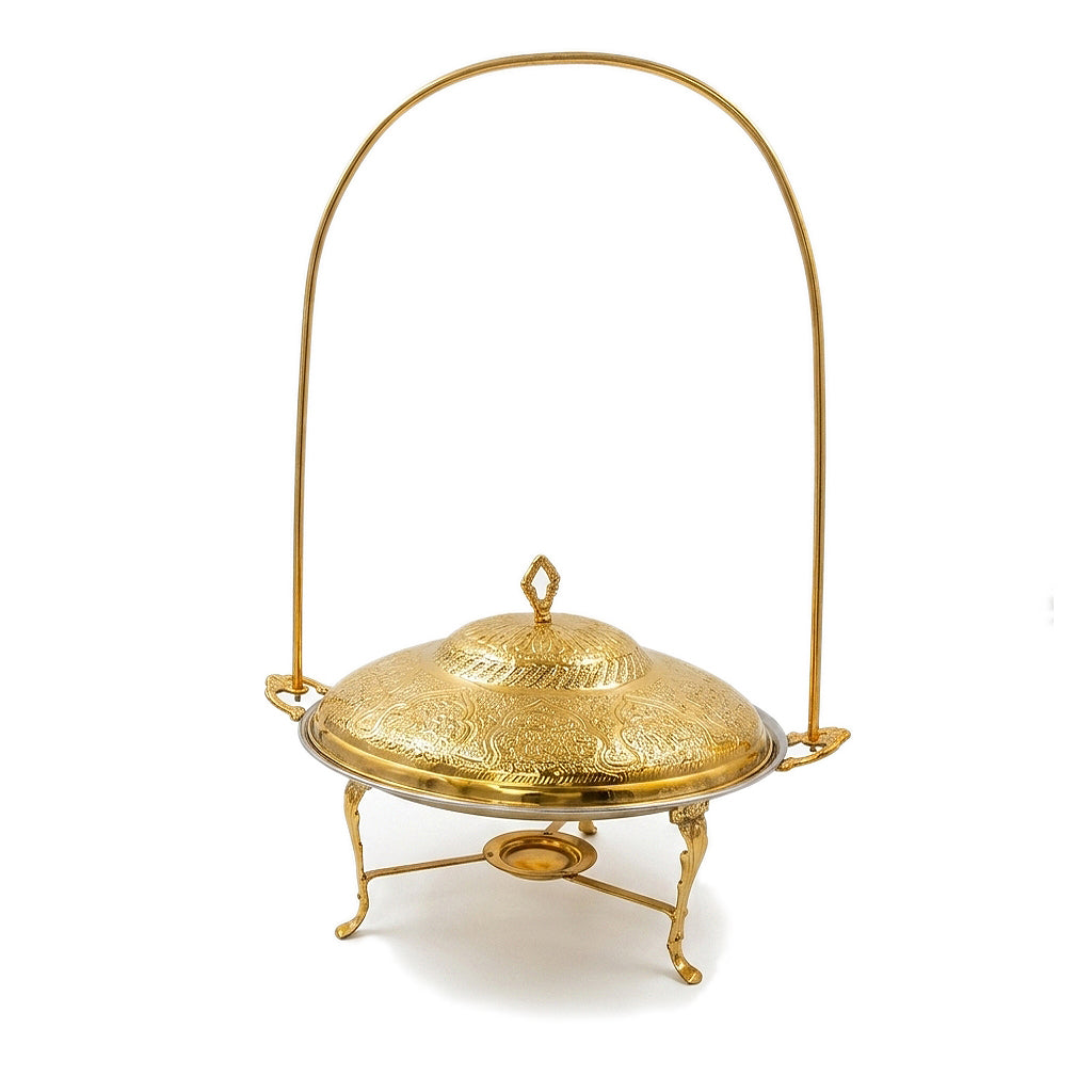 G.N 18-Inches, 5-Person Serving Brass Round Top-Lid Barbeque Platters With Golden Stand