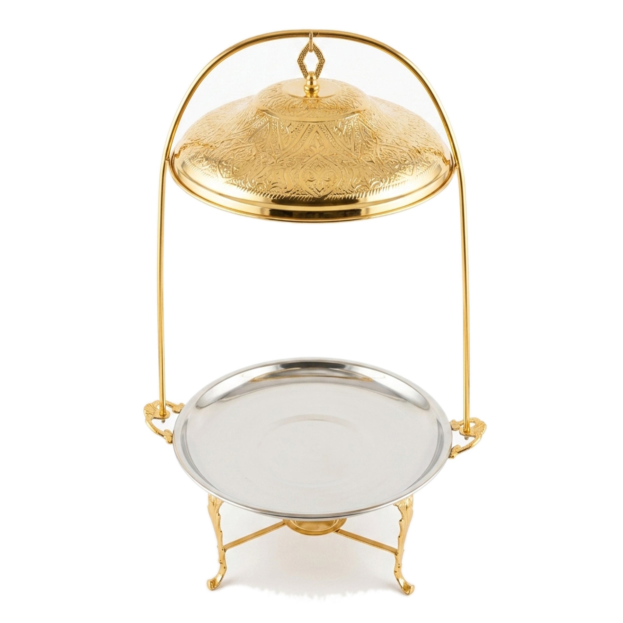 G.N 18-Inches, 5-Person Serving Brass Round Top-Lid Barbeque Platters With Golden Stand