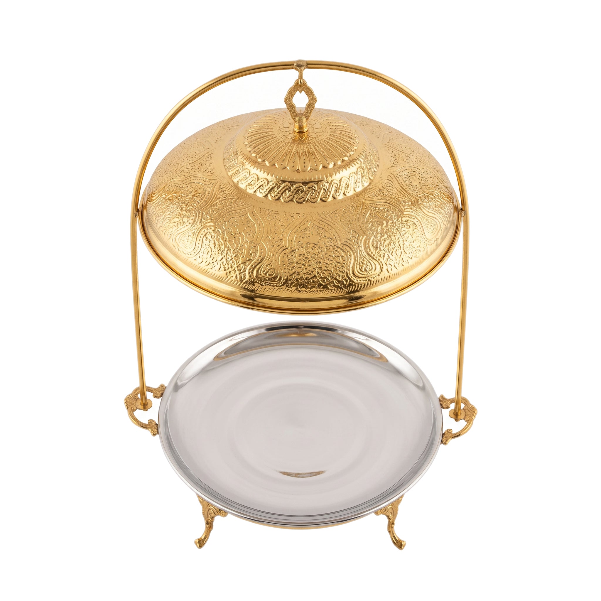G.N 18-Inches, 5-Person Serving Brass Round Top-Lid Barbeque Platters With Golden Stand