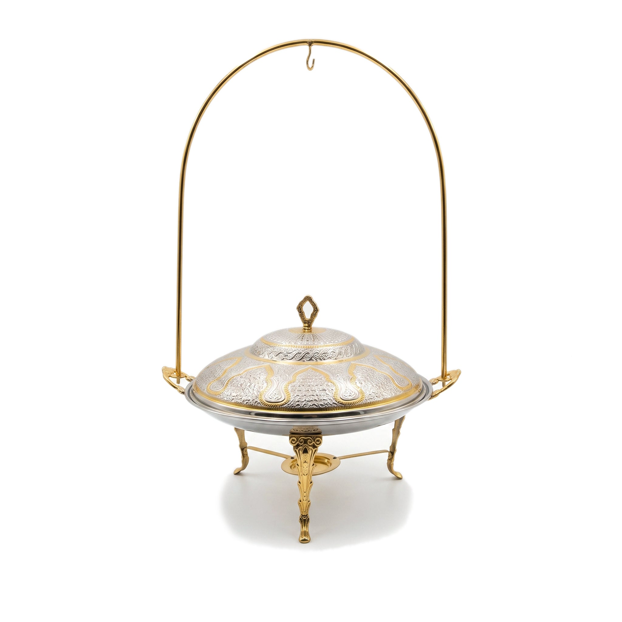 G.N 18-Inches, 5-Person Serving Brass Round Top-Lid Barbeque Platters With Golden Stand