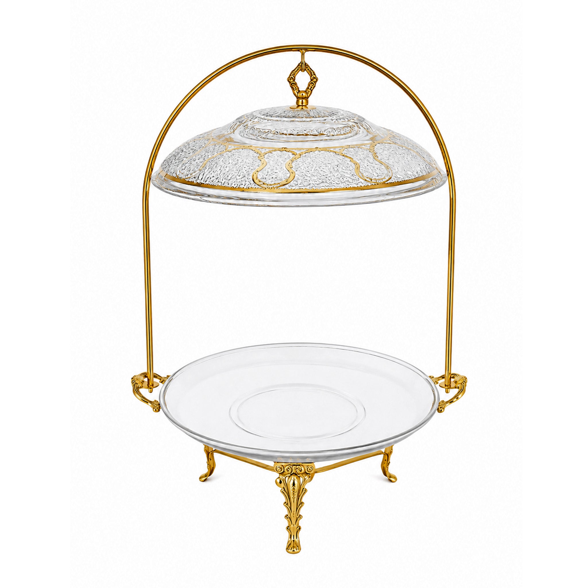 G.N 18-Inches, 5-Person Serving Brass Round Top-Lid Barbeque Platters With Golden Stand