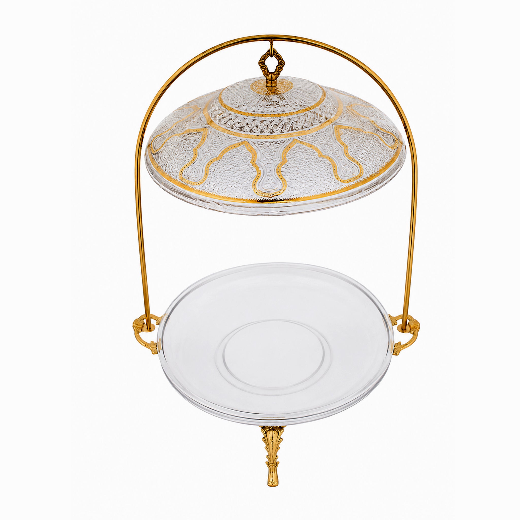 G.N 18-Inches, 5-Person Serving Brass Round Top-Lid Barbeque Platters With Golden Stand