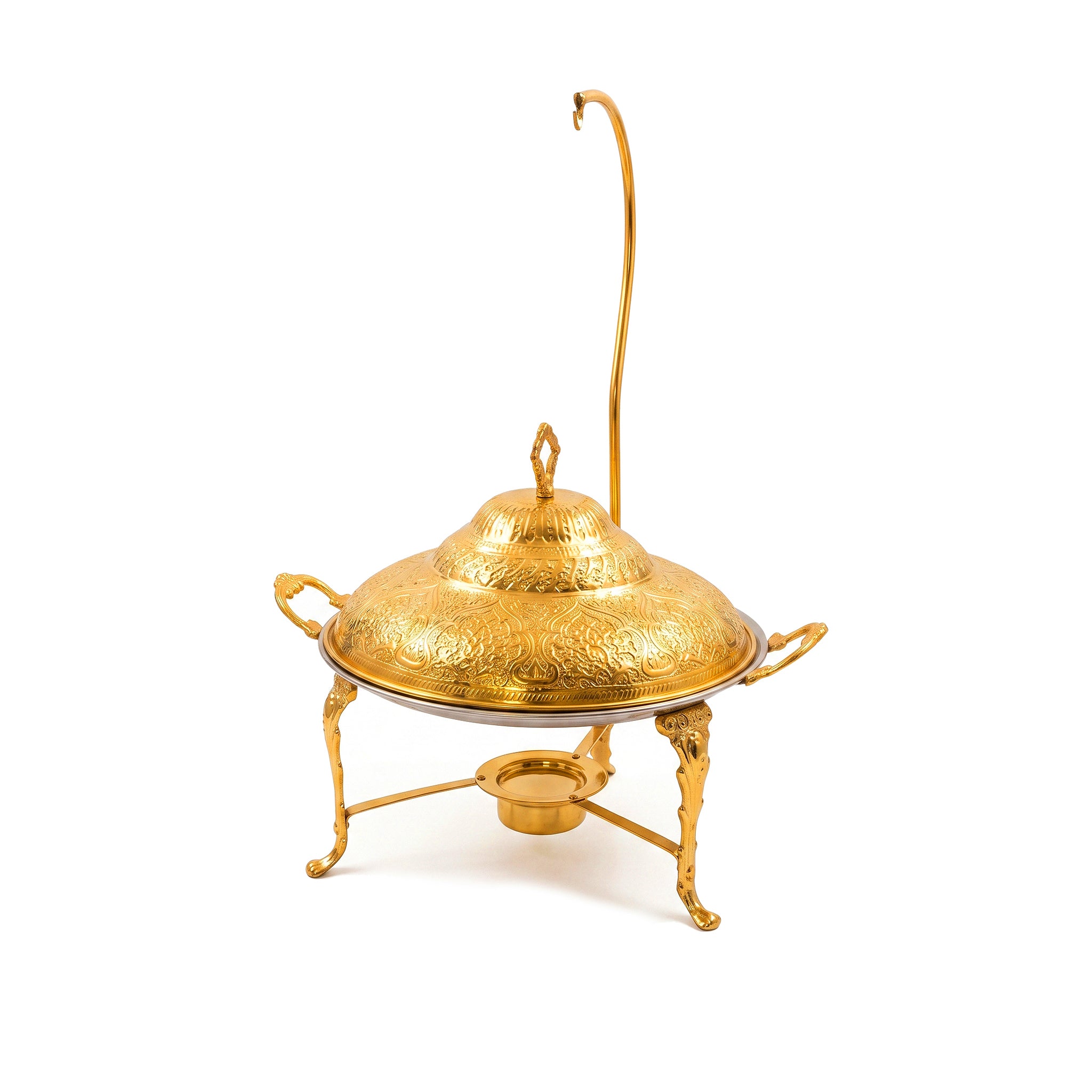 G.N 14-Inches, 3-Person Round Golden Brass Top-Lid Barbeque Platter With Golden Stand