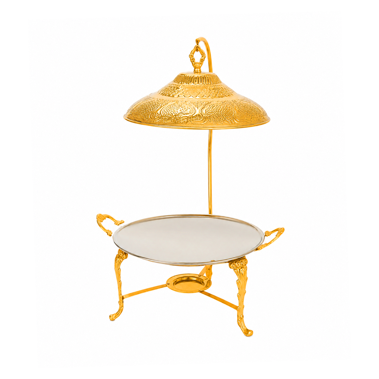 G.N 14-Inches, 3-Person Round Golden Brass Top-Lid Barbeque Platter With Golden Stand
