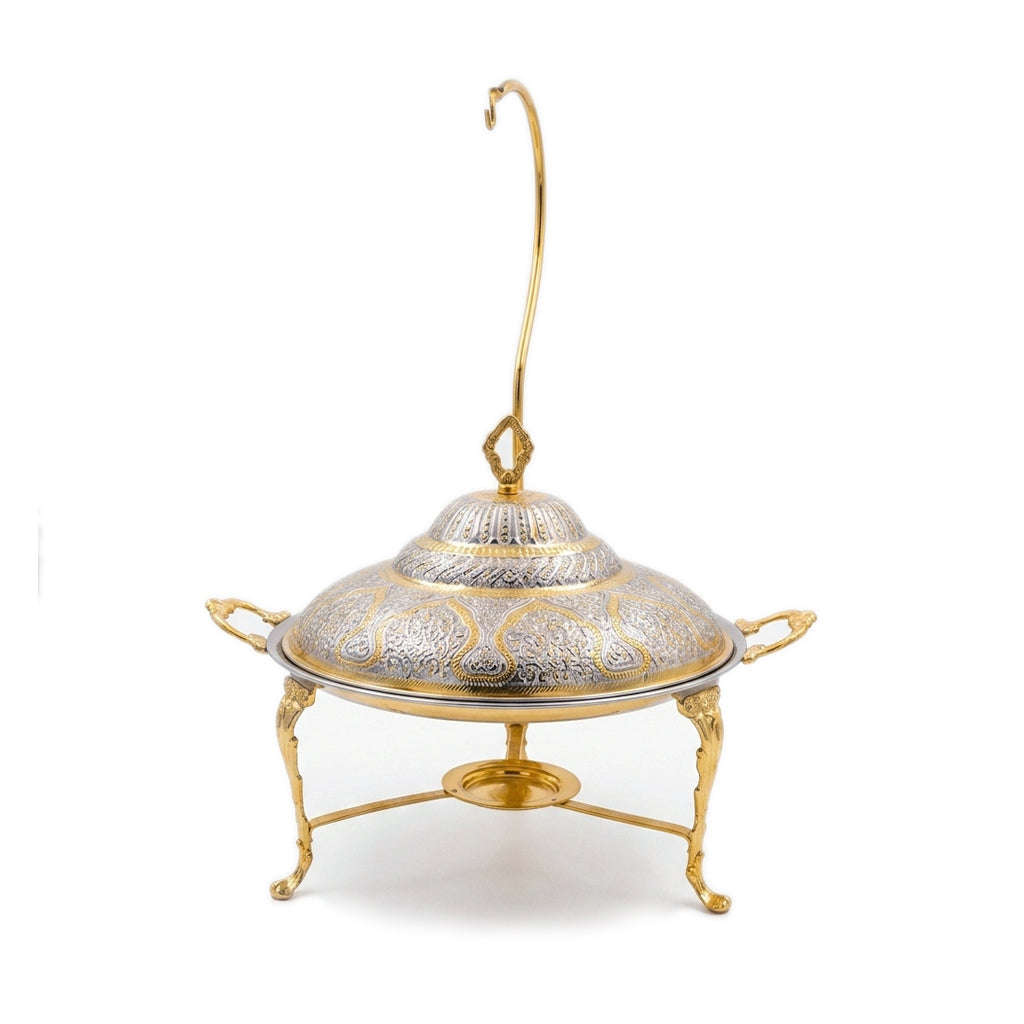 G.N 14-Inches, 3-Person Round Brass Top-Lid Barbeque Platter With Golden Stand Kaka Bawa Sons
