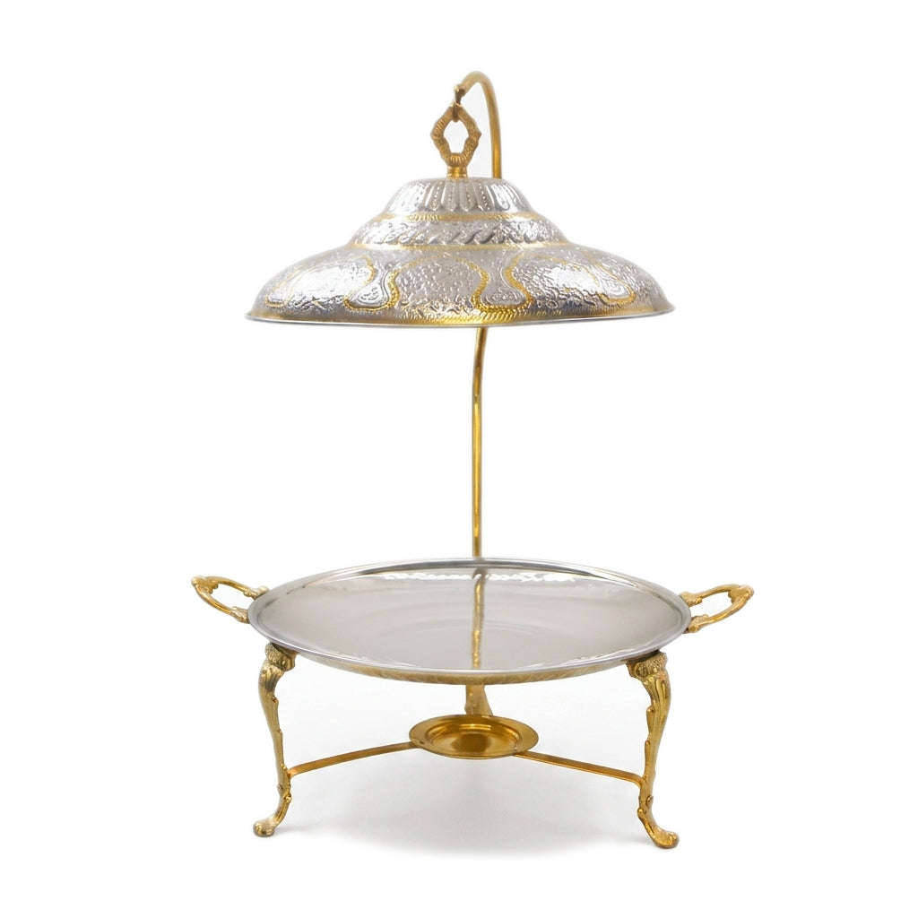 G.N 14-Inches, 3-Person Round Brass Top-Lid Barbeque Platter With Golden Stand Kaka Bawa Sons
