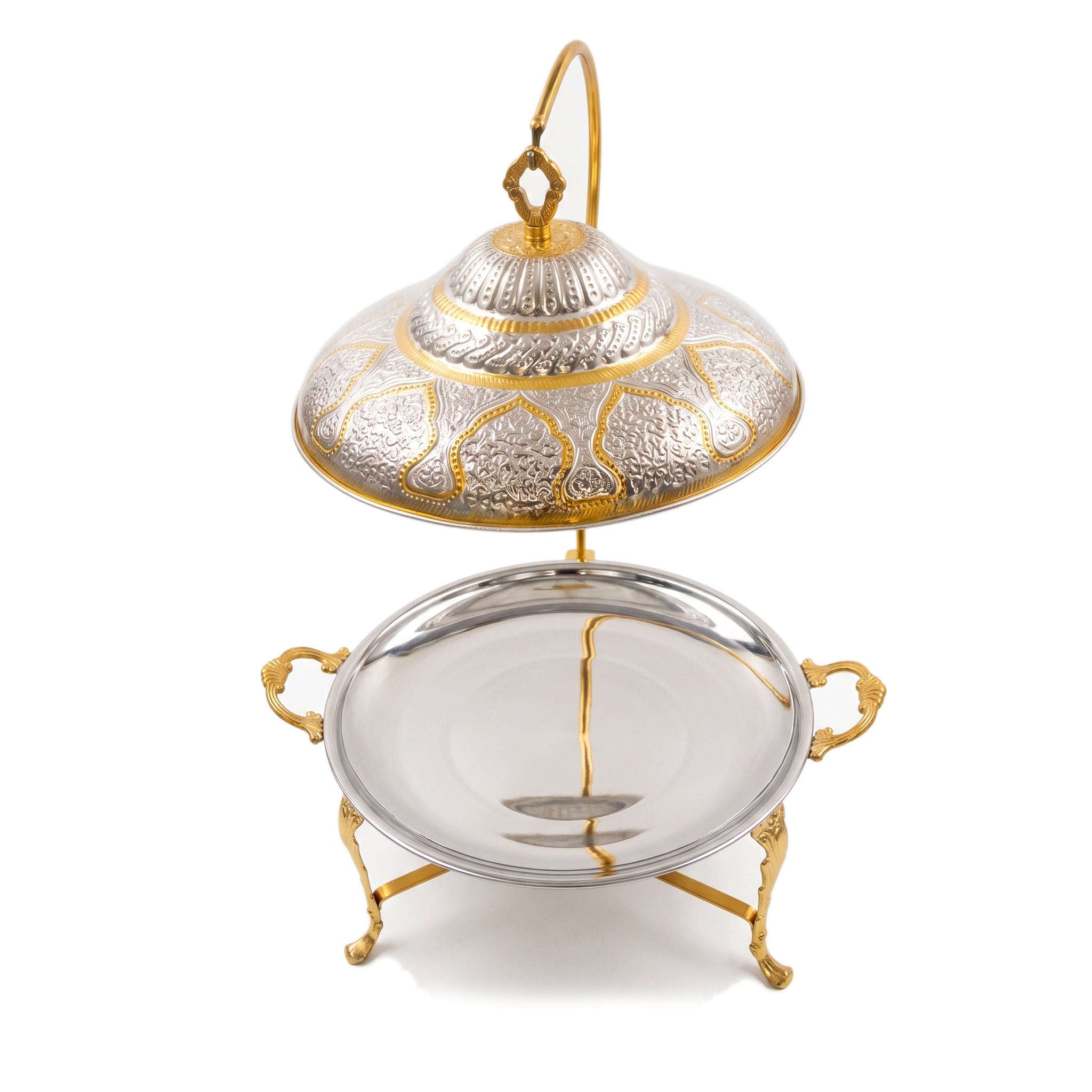 G.N 14-Inches, 3-Person Round Brass Top-Lid Barbeque Platter With Golden Stand Kaka Bawa Sons