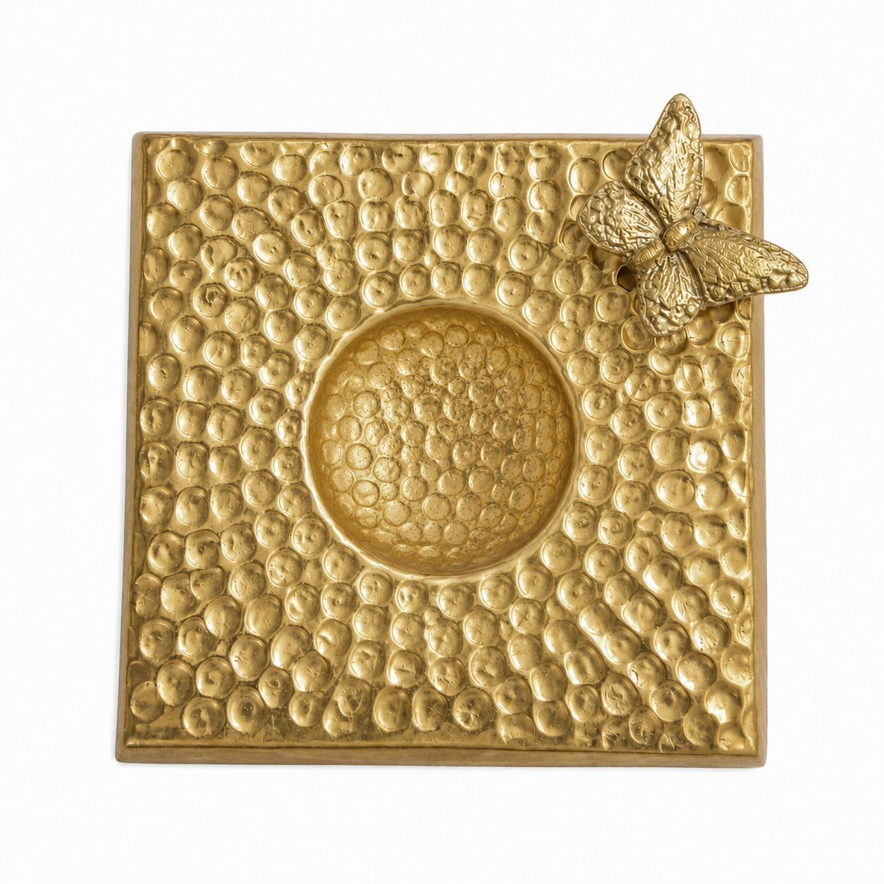 G.N 5*5 Inches Square Hammered Golden Brass Butterfly Design Spoon Rest