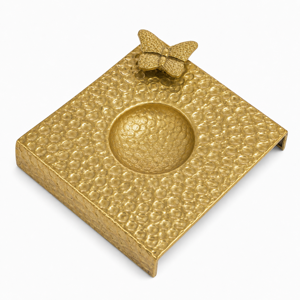 G.N 5*5 Inches Square Hammered Golden Brass Butterfly Design Spoon Rest