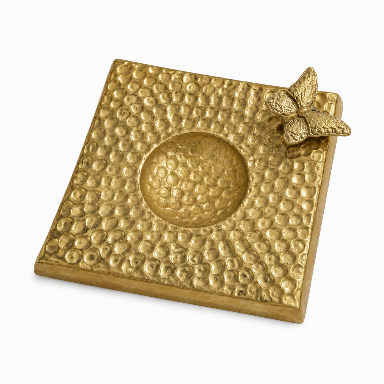 G.N 5*5 Inches Square Hammered Golden Brass Butterfly Design Spoon Rest