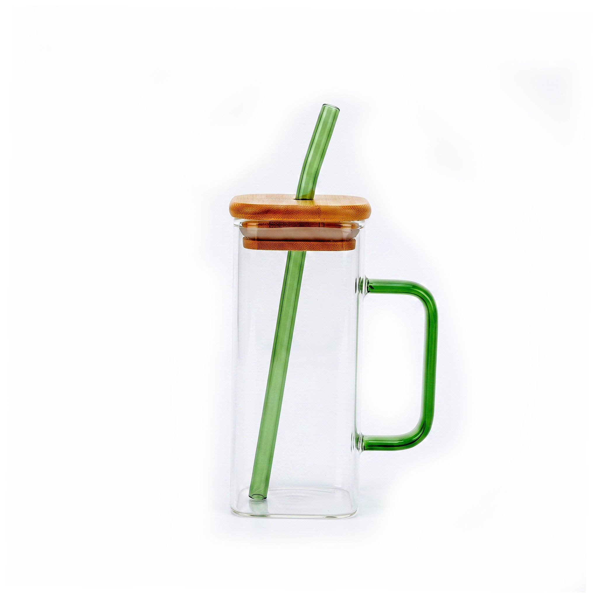 Dalahas 350 ML Square Wood-Lid Borosilicate Glass Mug With Green Straw