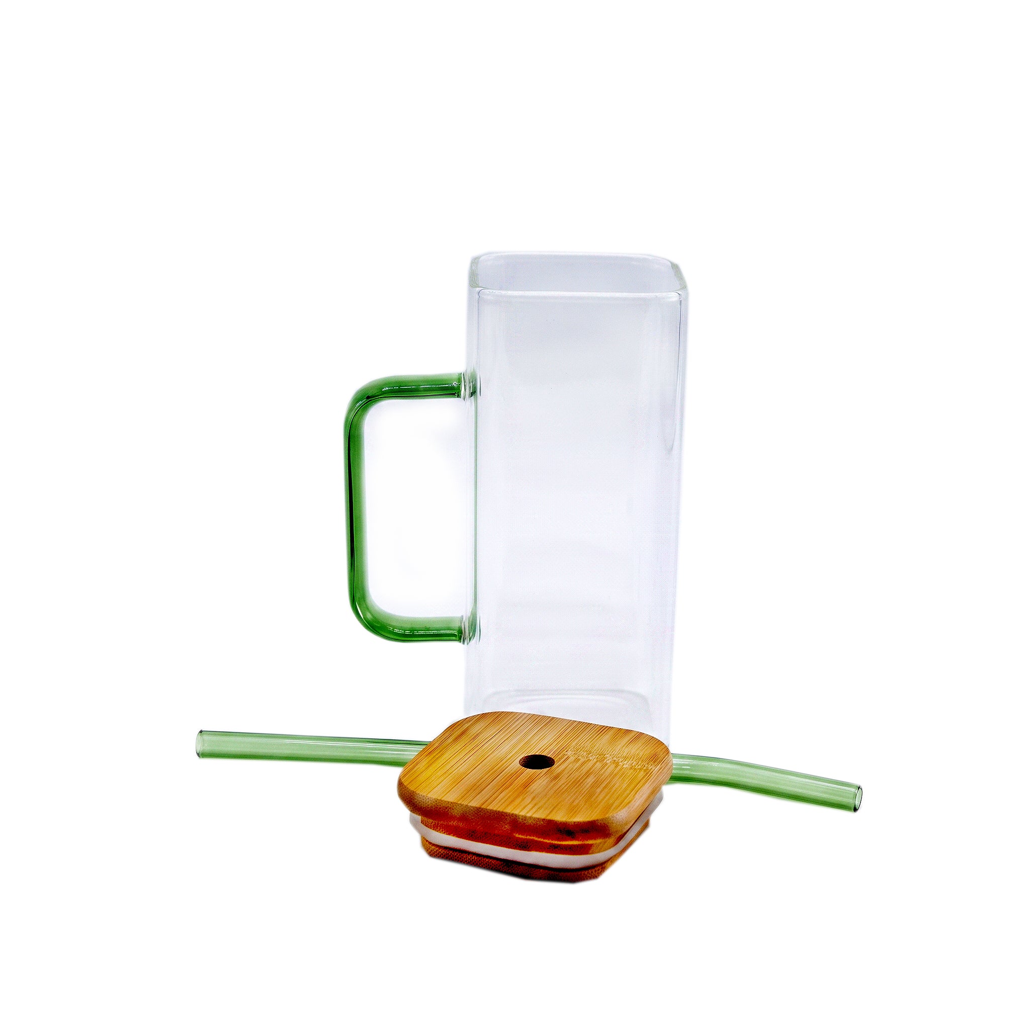 Dalahas 350 ML Square Wood-Lid Borosilicate Glass Mug With Green Straw