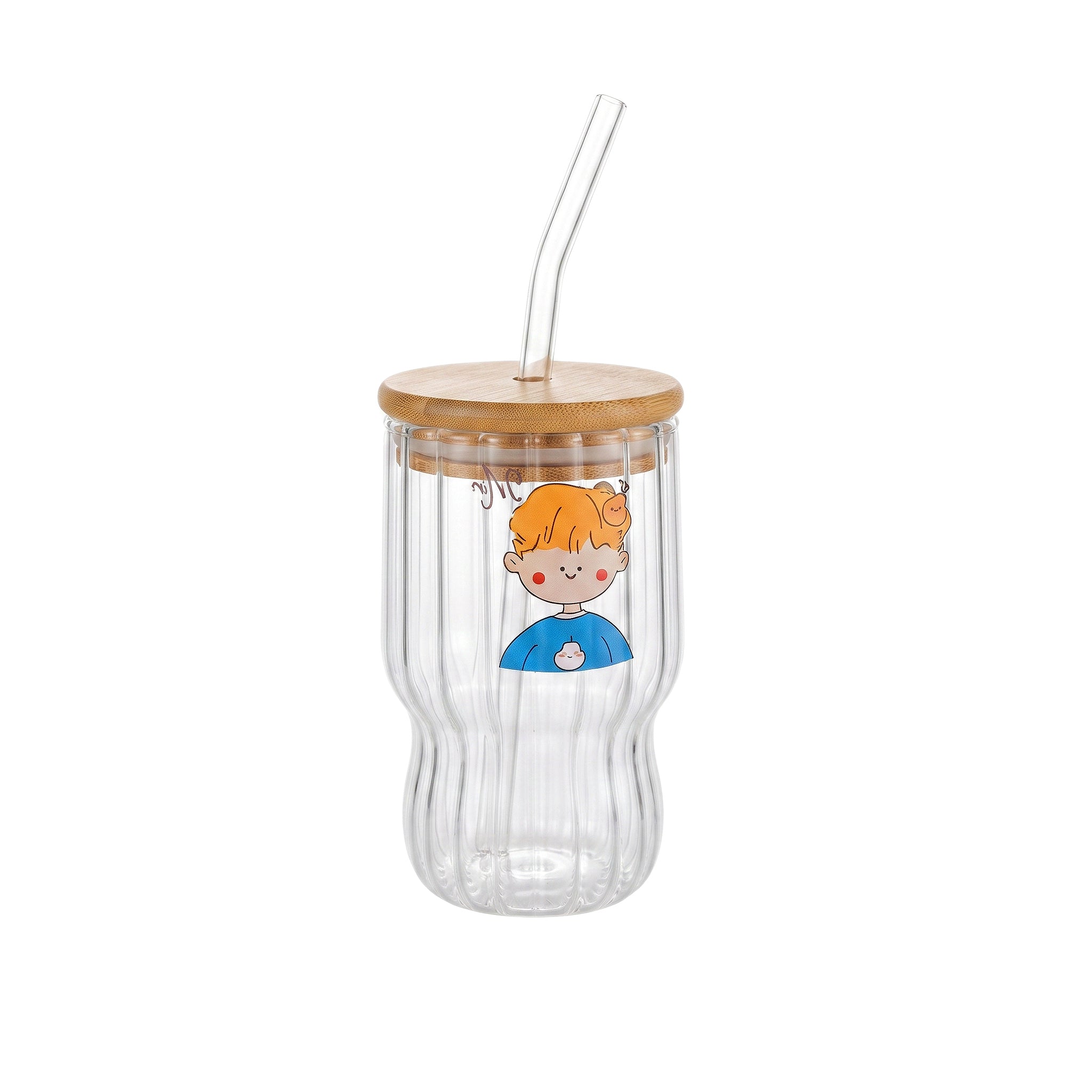 D.W.M 450 ML Cute Boy  Ribbed Glass Mason Jar With Bamboo Lid AND Straw