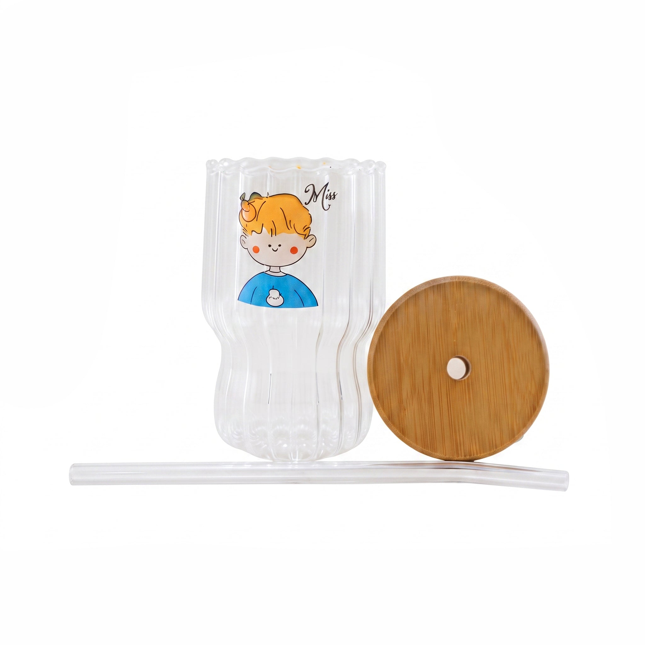 D.W.M 450 ML Cute Boy  Ribbed Glass Mason Jar With Bamboo Lid AND Straw