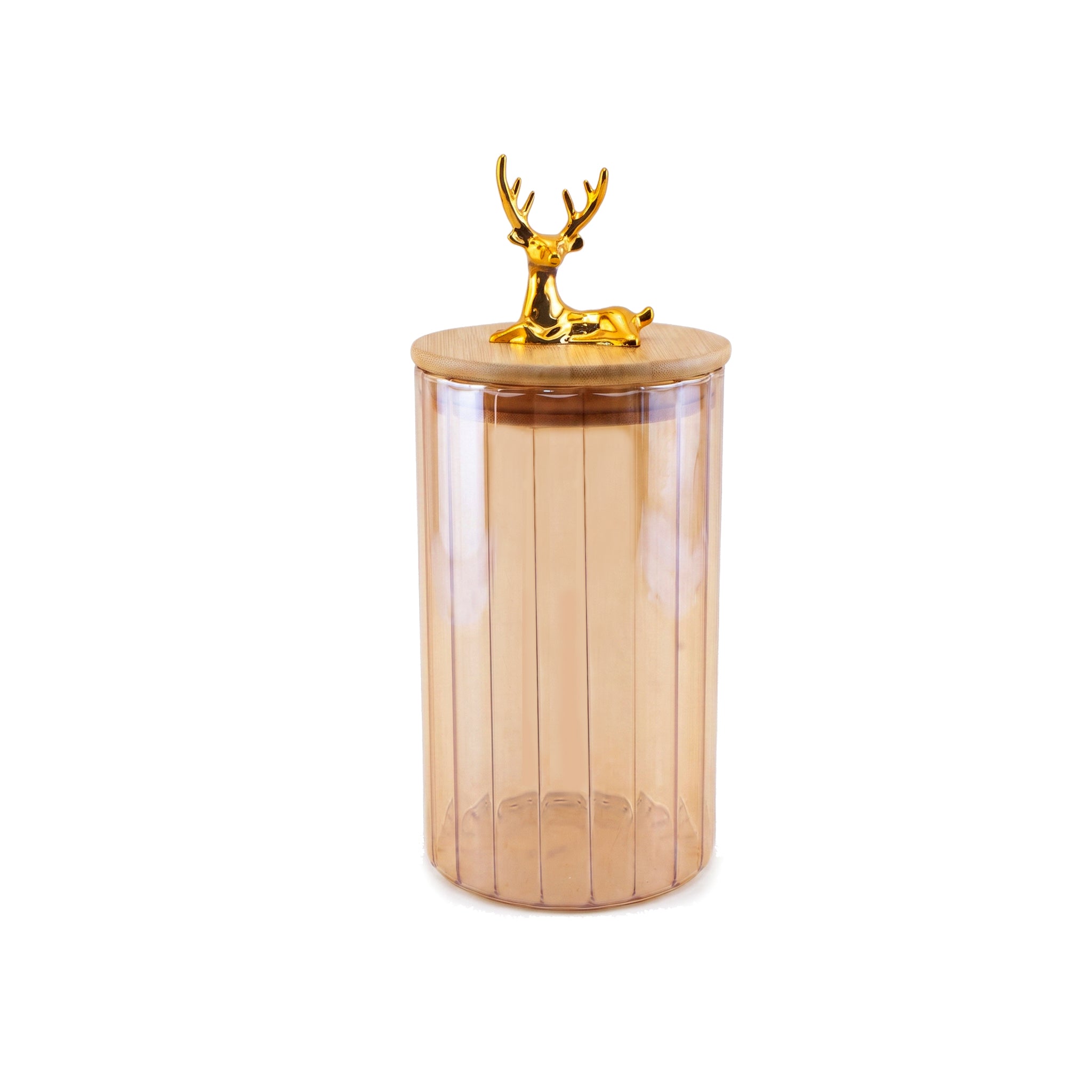 S.G Amber Ribbed Wooden Lid AND Gold Deer Ornament on Lid Glass Jar