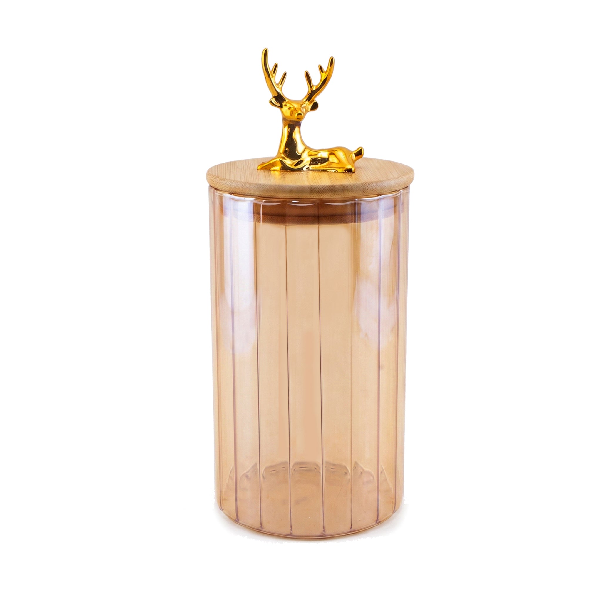S.G Amber Ribbed Wooden Lid AND Gold Deer Ornament on Lid Glass Jar