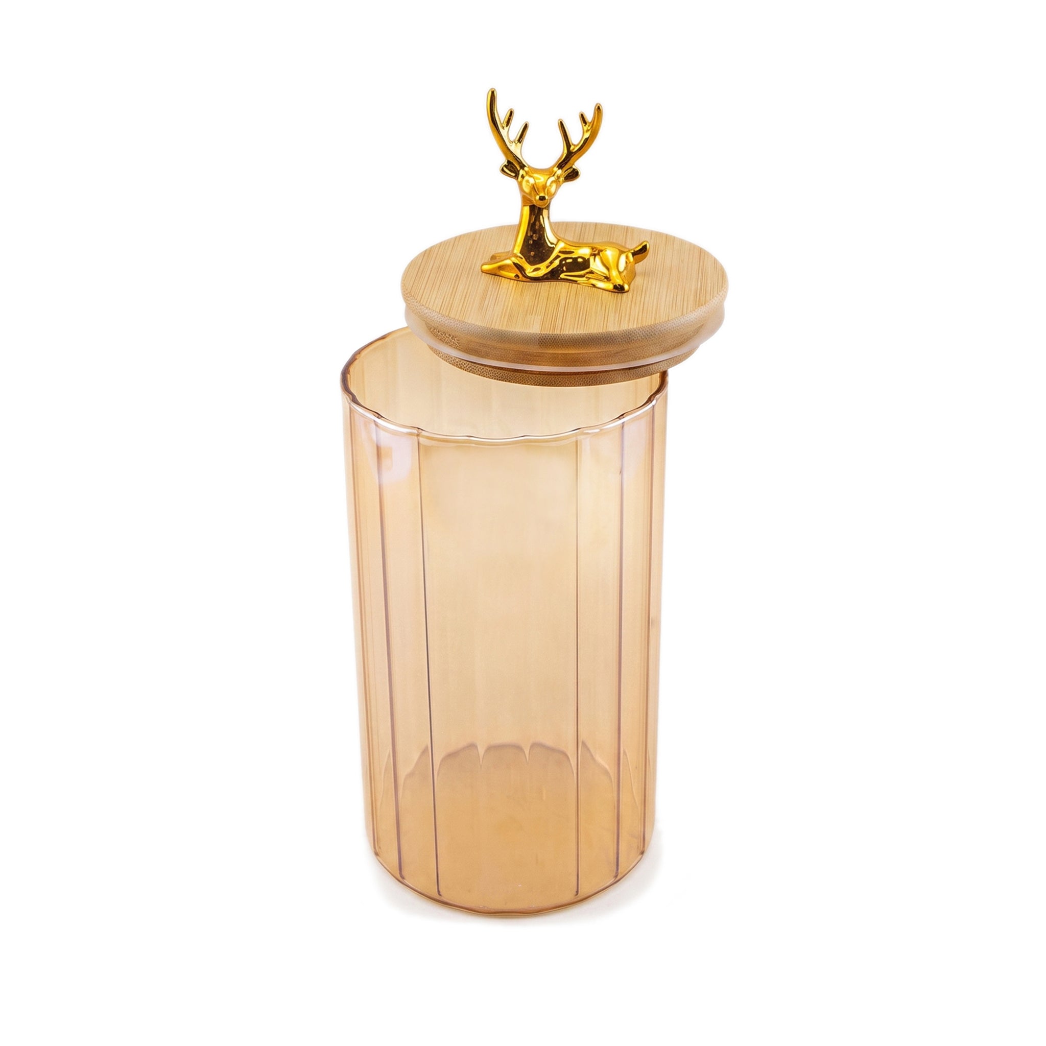 S.G Amber Ribbed Wooden Lid AND Gold Deer Ornament on Lid Glass Jar