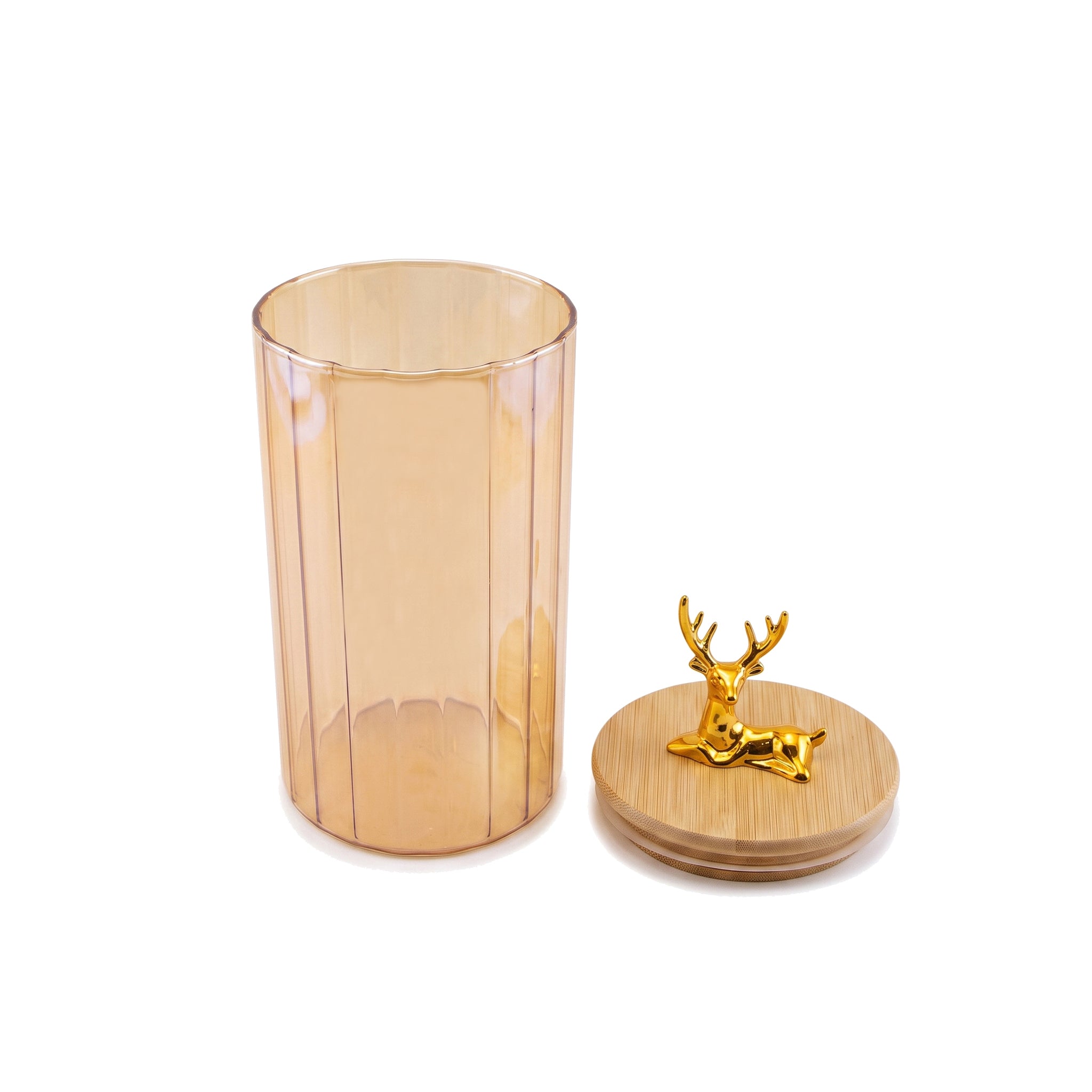 S.G Amber Ribbed Wooden Lid AND Gold Deer Ornament on Lid Glass Jar