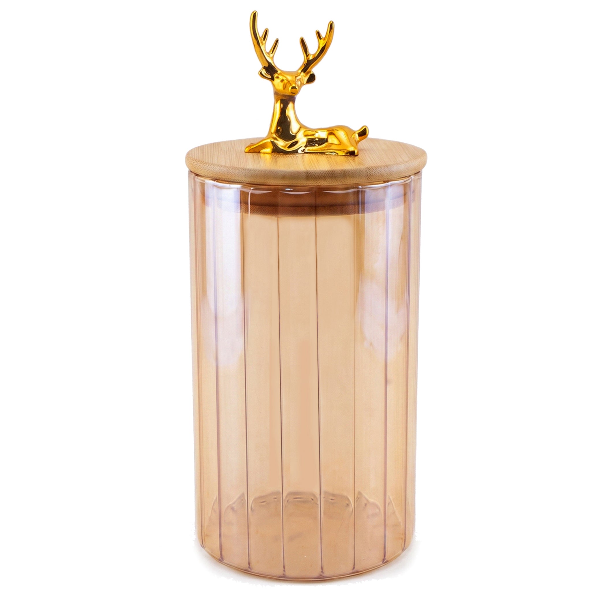 S.G Amber Ribbed Wooden Lid AND Gold Deer Ornament on Lid Glass Jar