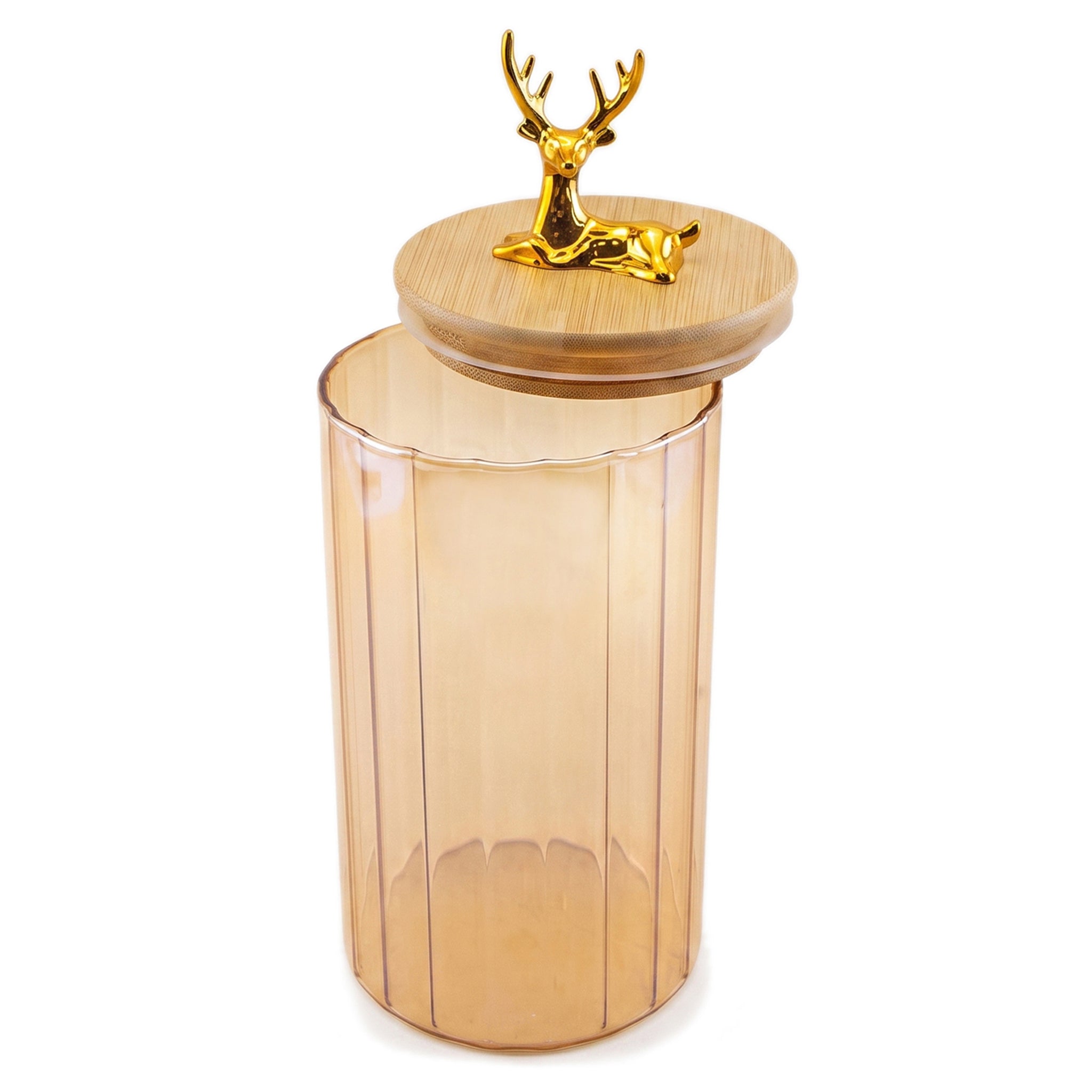 S.G Amber Ribbed Wooden Lid AND Gold Deer Ornament on Lid Glass Jar