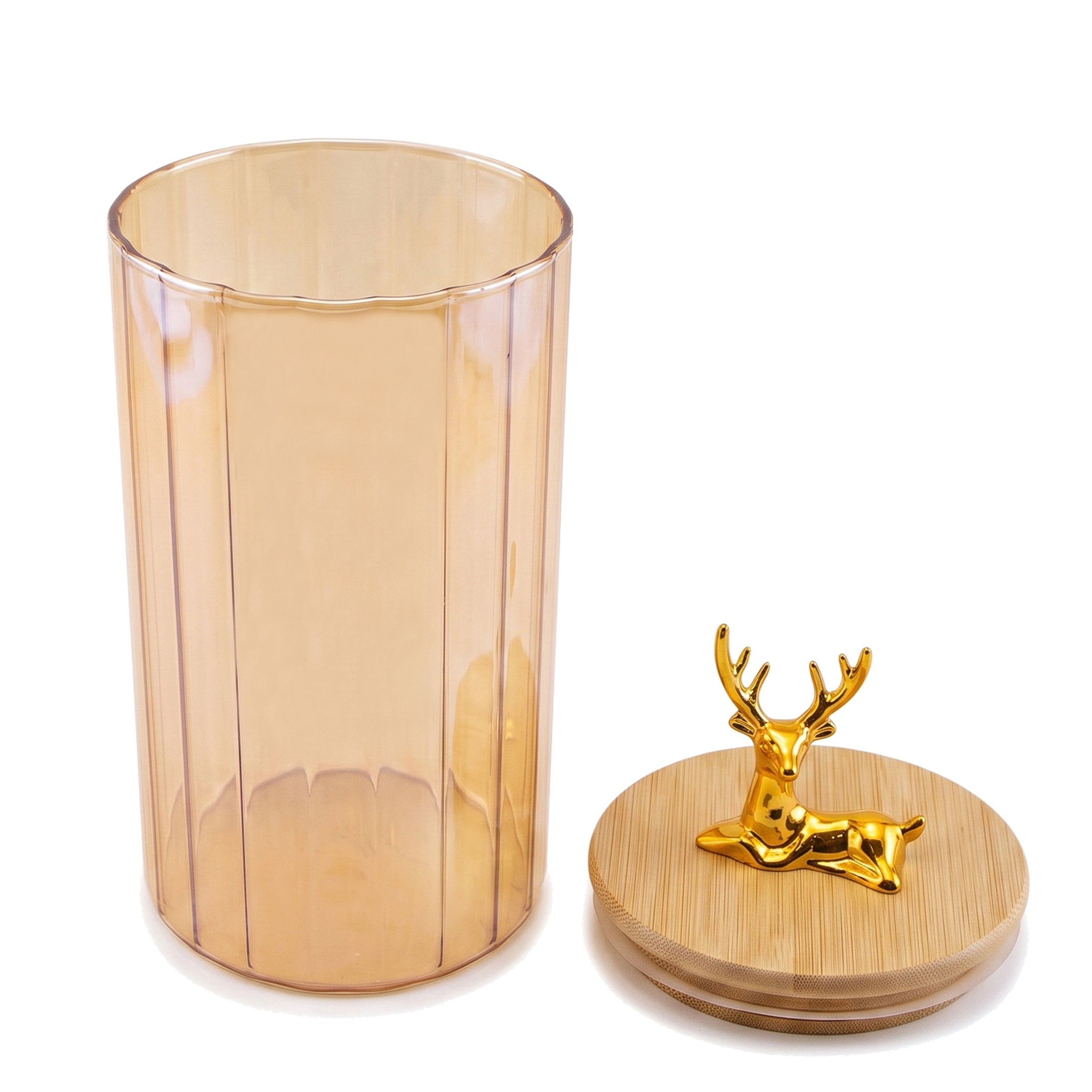 S.G Amber Ribbed Wooden Lid AND Gold Deer Ornament on Lid Glass Jar