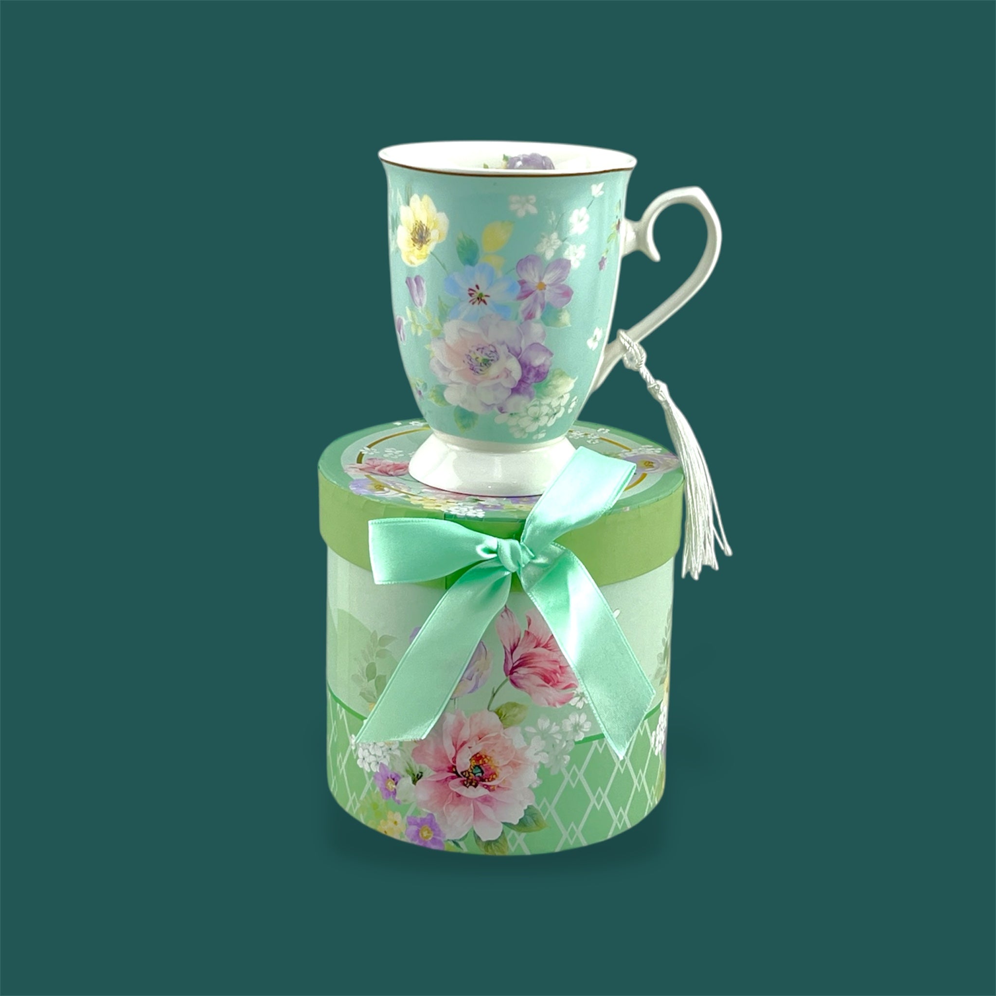 Porcelain 300ml Light Green Flower Design Mug with Gift Box