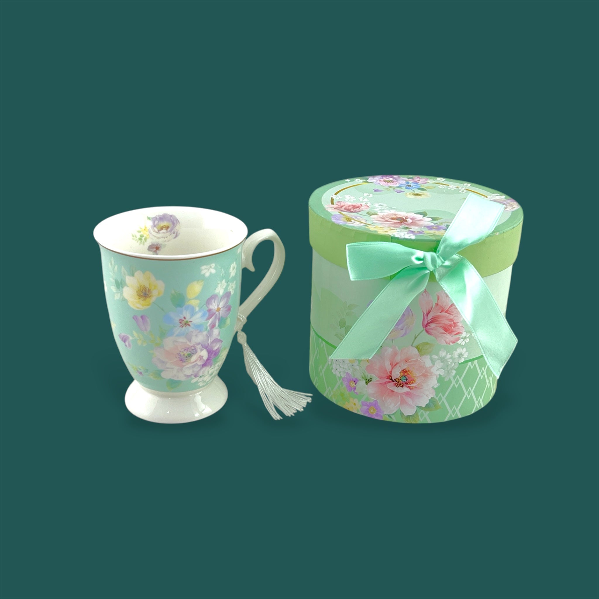 Porcelain 300ml Light Green Flower Design Mug with Gift Box