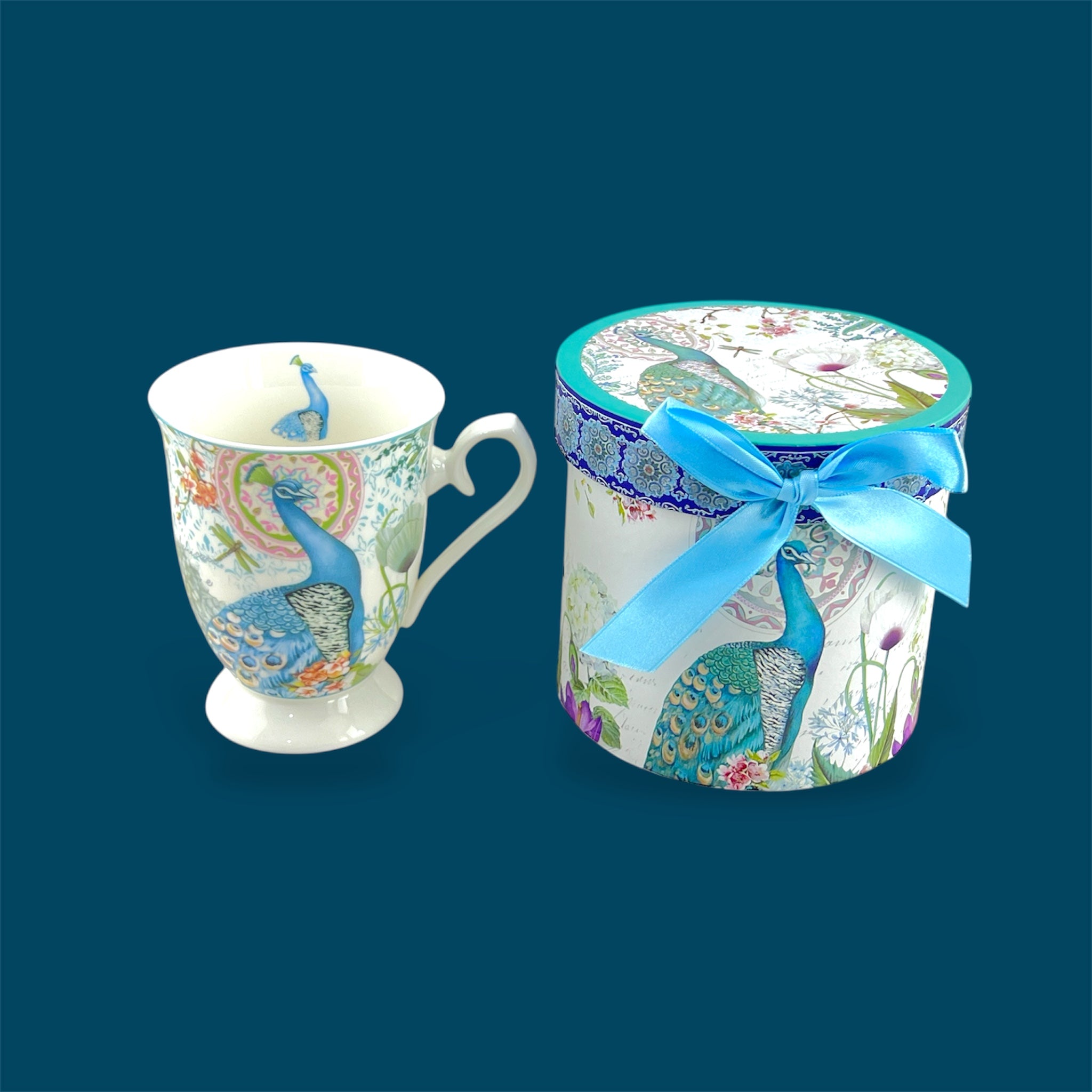 Porcelain 300ml Blue Peacock Design Mug with Gift Box