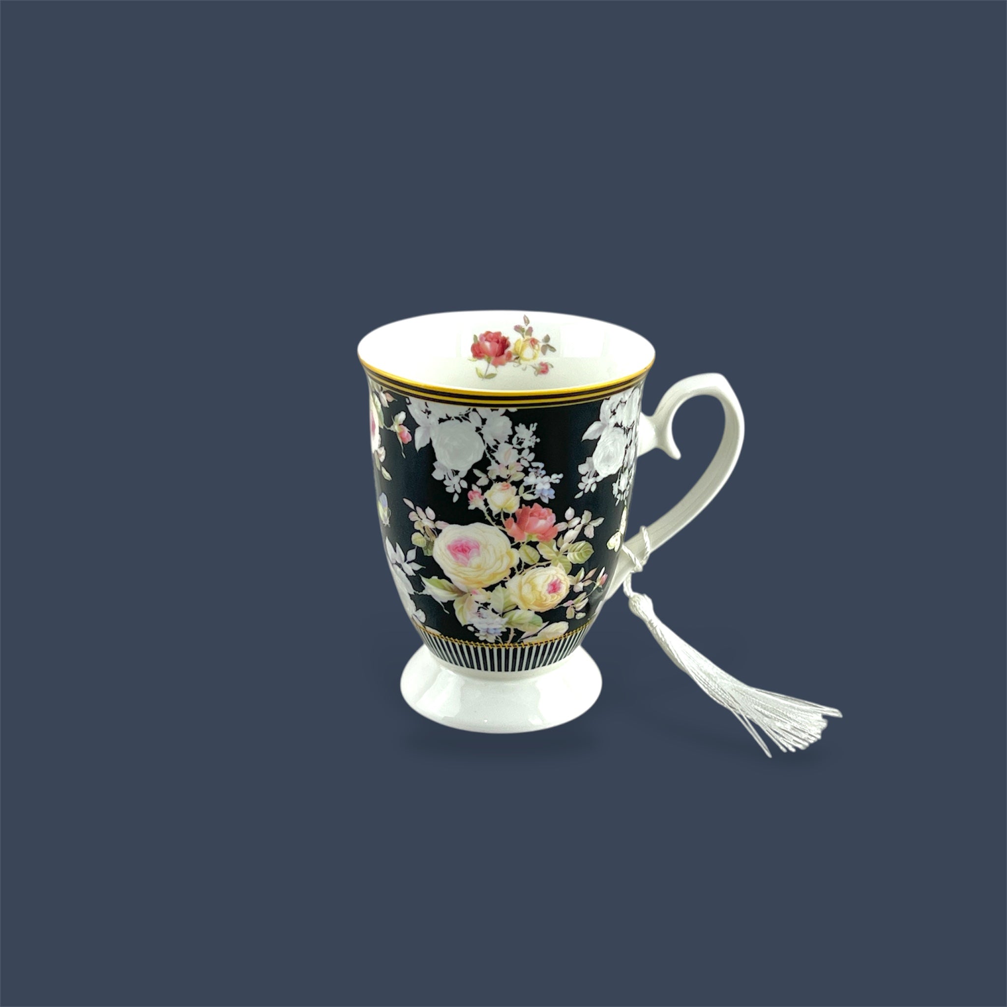 Porcelain 300ml Black Flower Design Mug with Gift Box