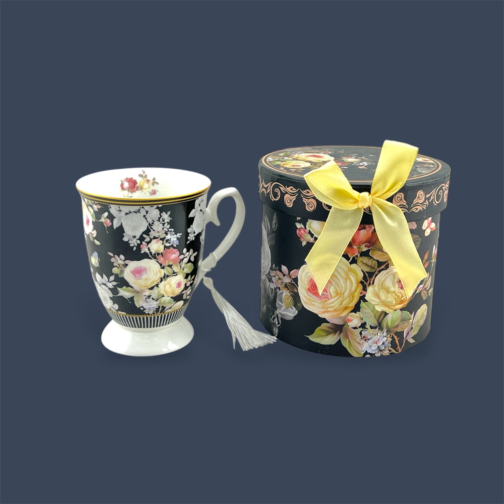 Porcelain 300ml Black Flower Design Mug with Gift Box