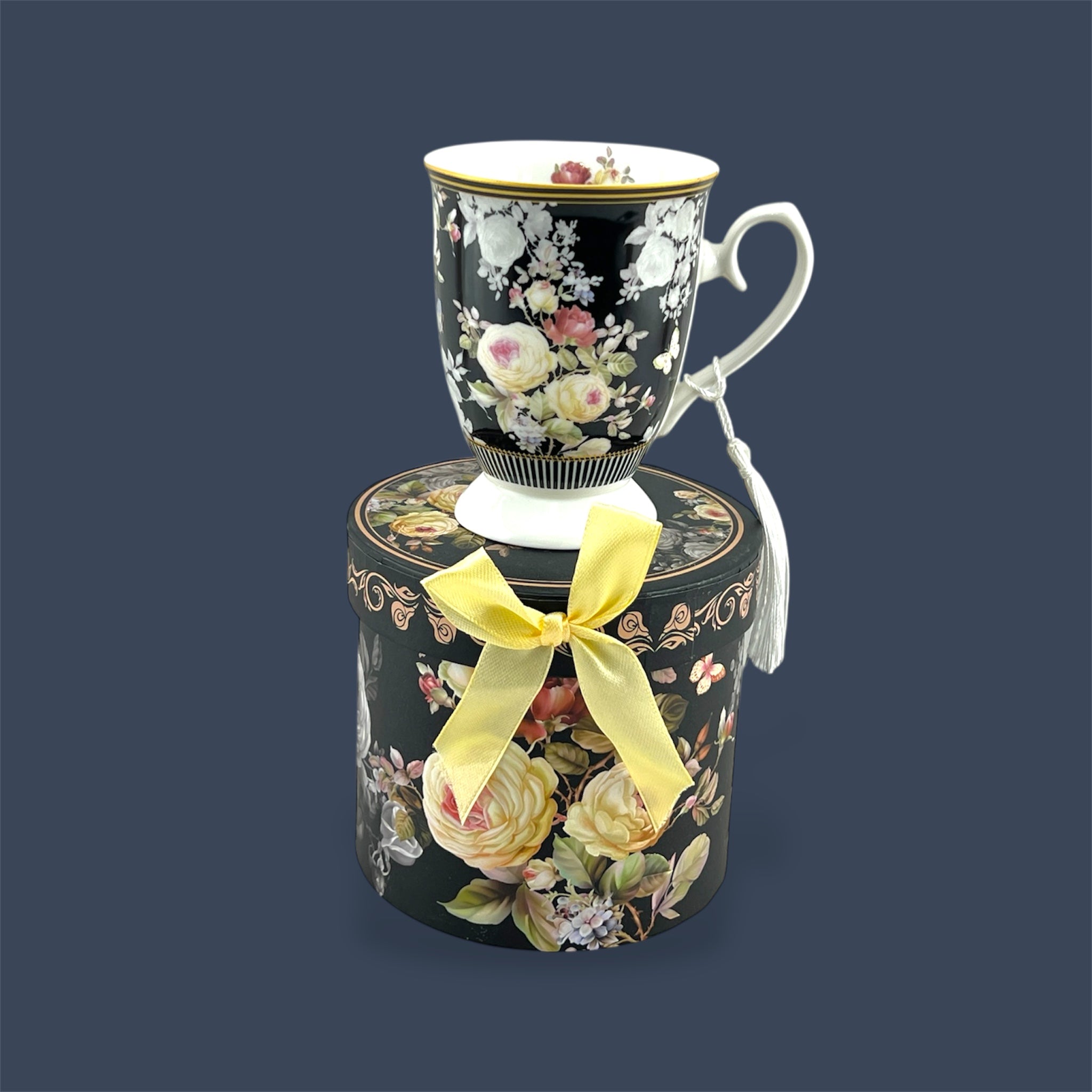 Porcelain 300ml Black Flower Design Mug with Gift Box