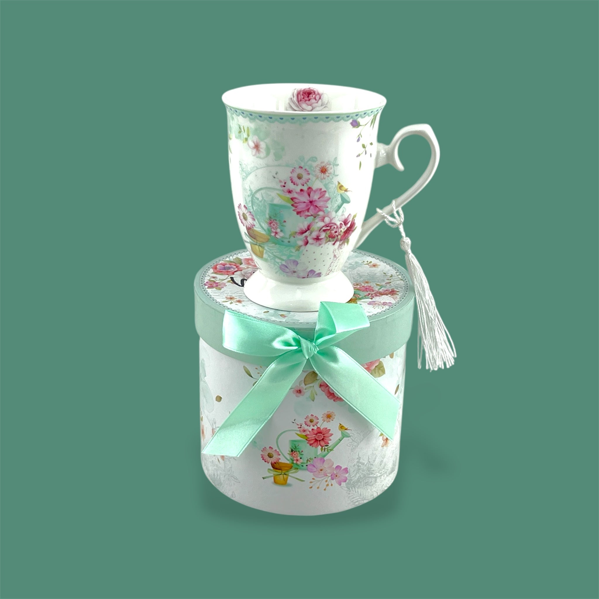 Porcelain 300ml Light Green Flower Design Mug with Gift Box