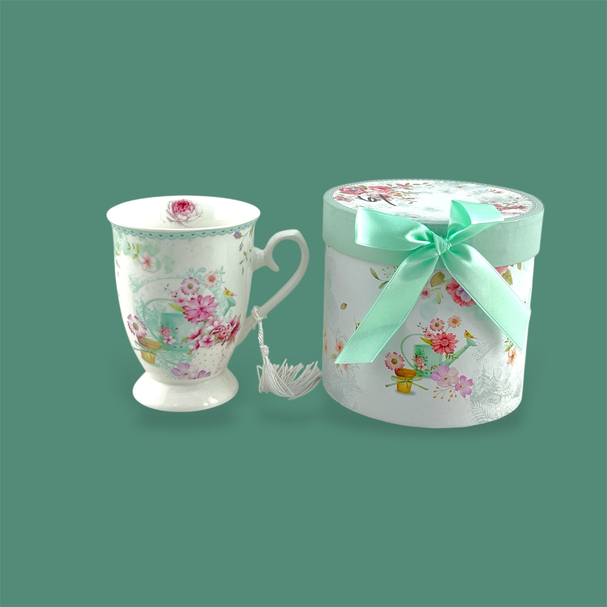 Porcelain 300ml Light Green Flower Design Mug with Gift Box