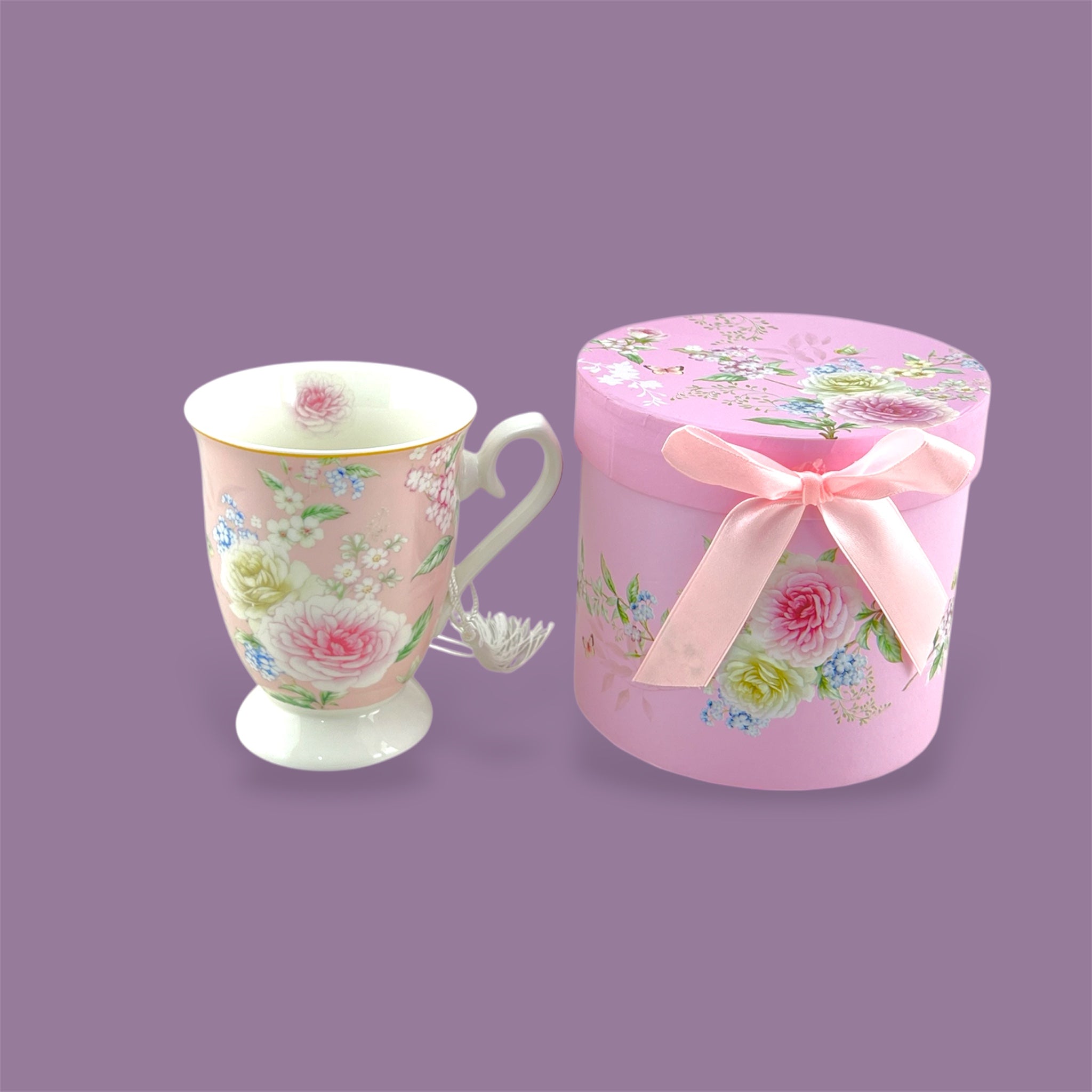 Porcelain 300ml Light Pink Flower Design Mug with Gift Box