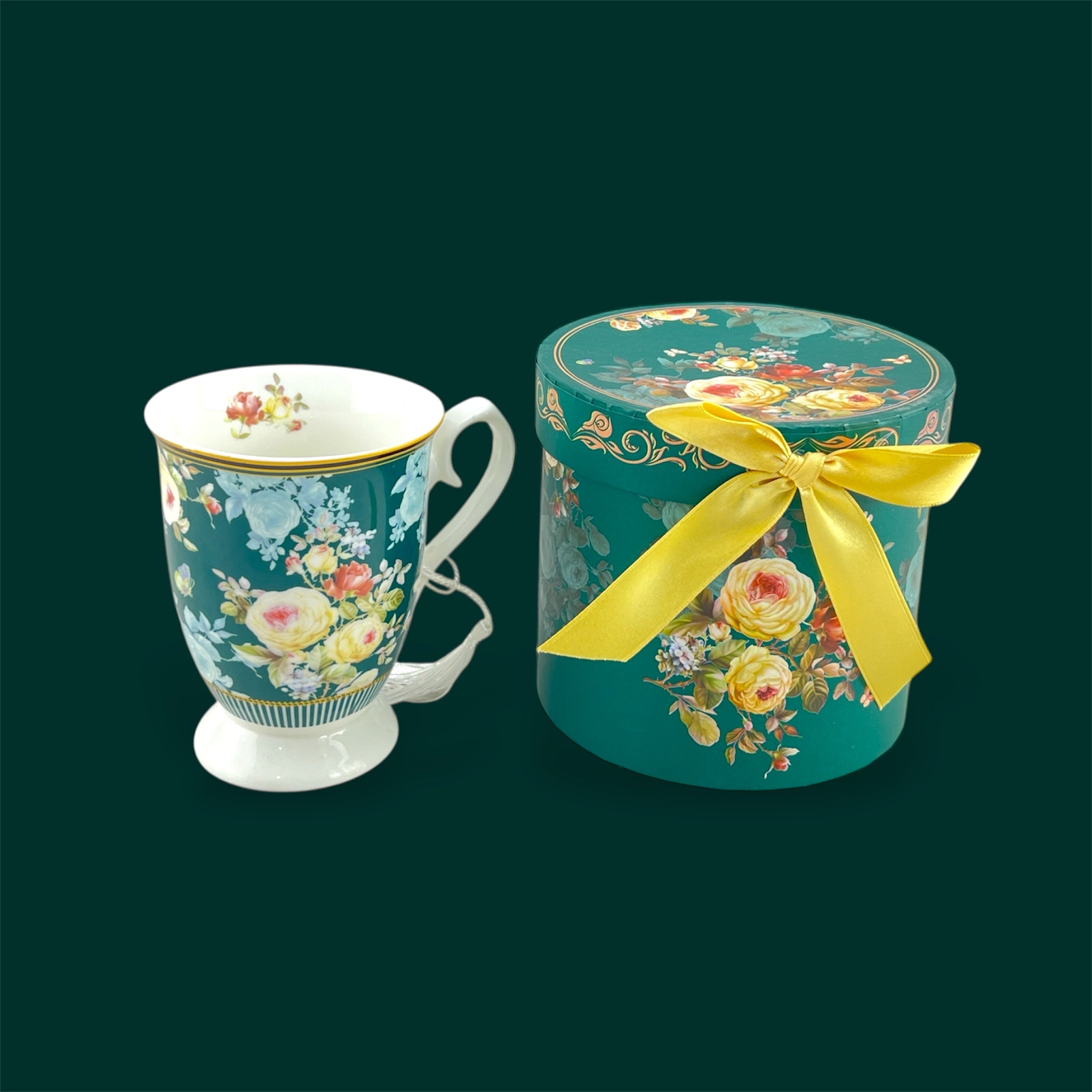Porcelain 300ml Green Flower Design Mug with Gift Box