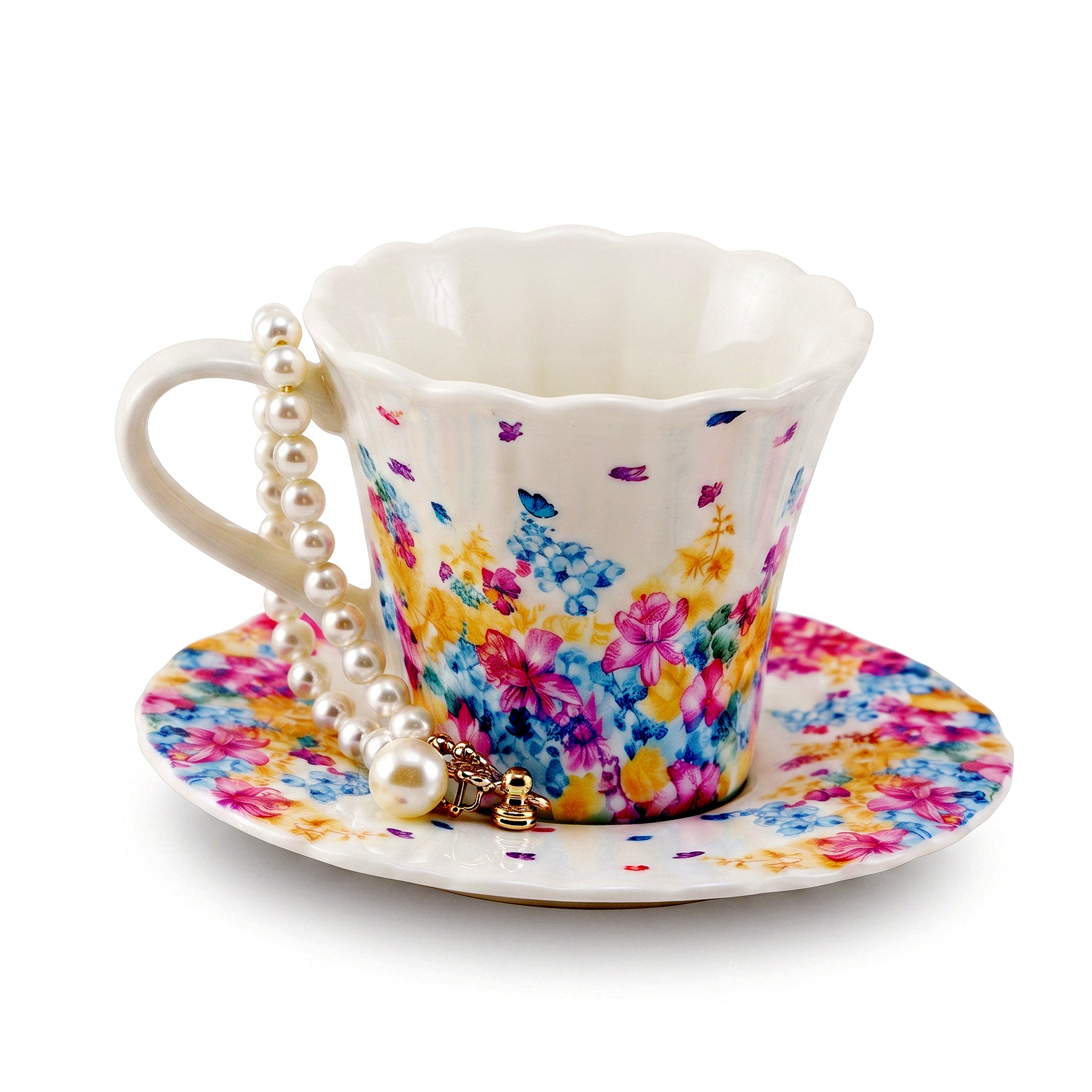 Danny Home 230 ML Floral Ceramic Cup and Saucer With Decorative Pearl Bracelet