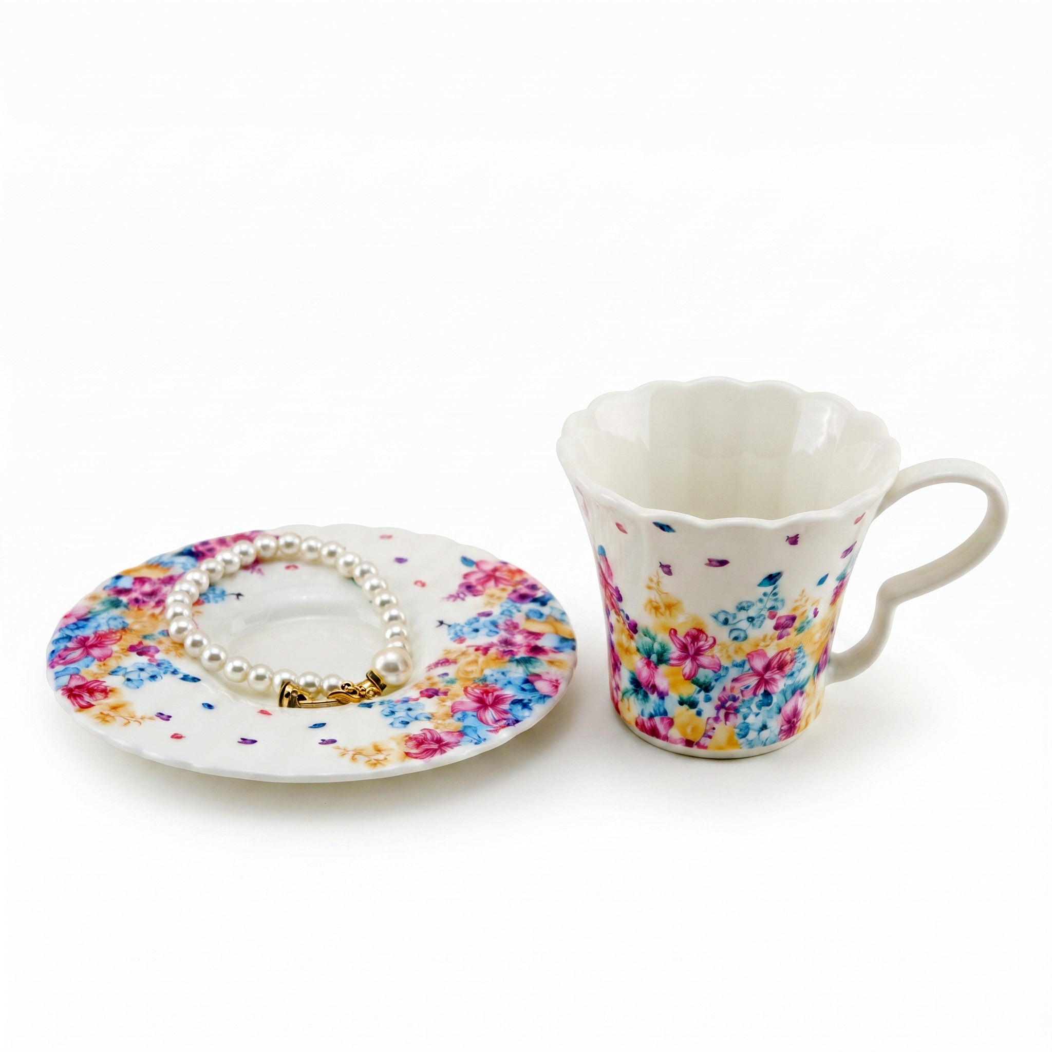 Danny Home 230 ML Floral Ceramic Cup and Saucer With Decorative Pearl Bracelet