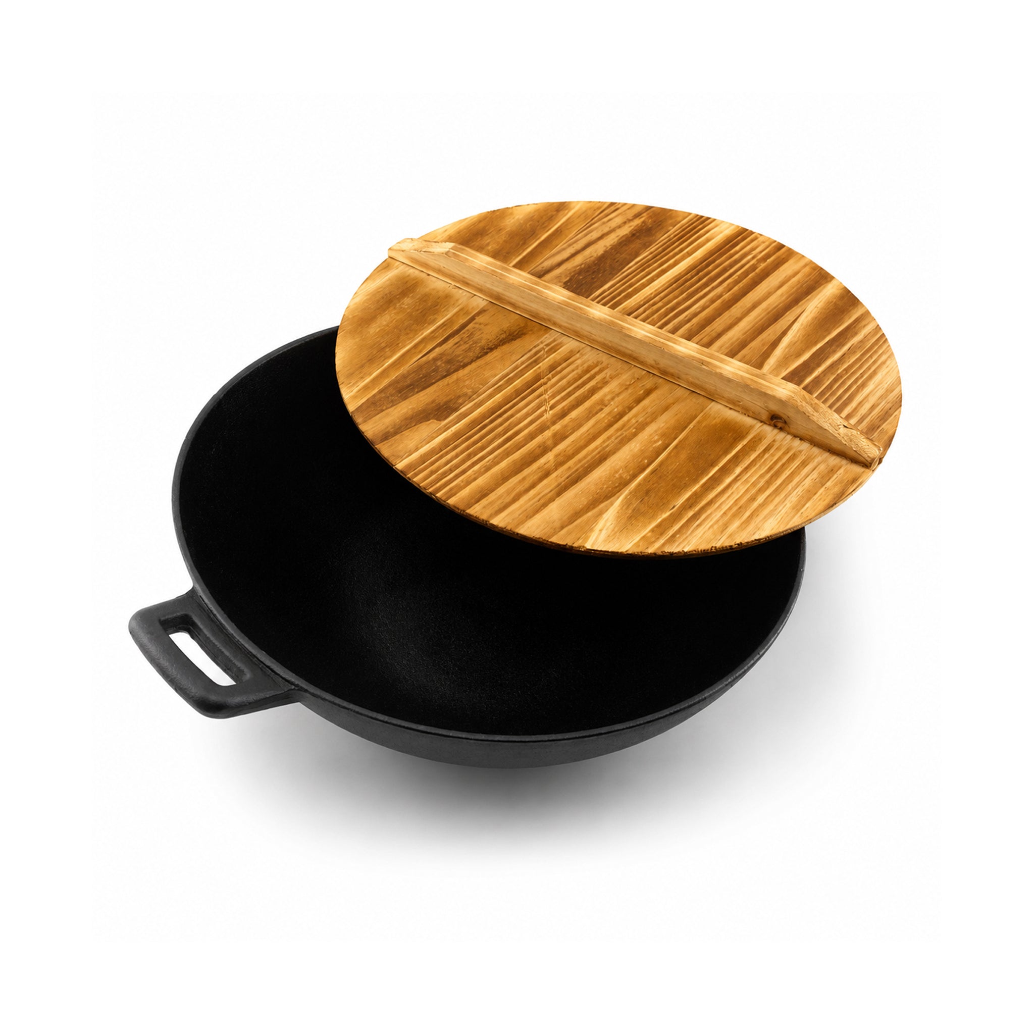 Prime Cast Iron Black Woks With Wooden Lid