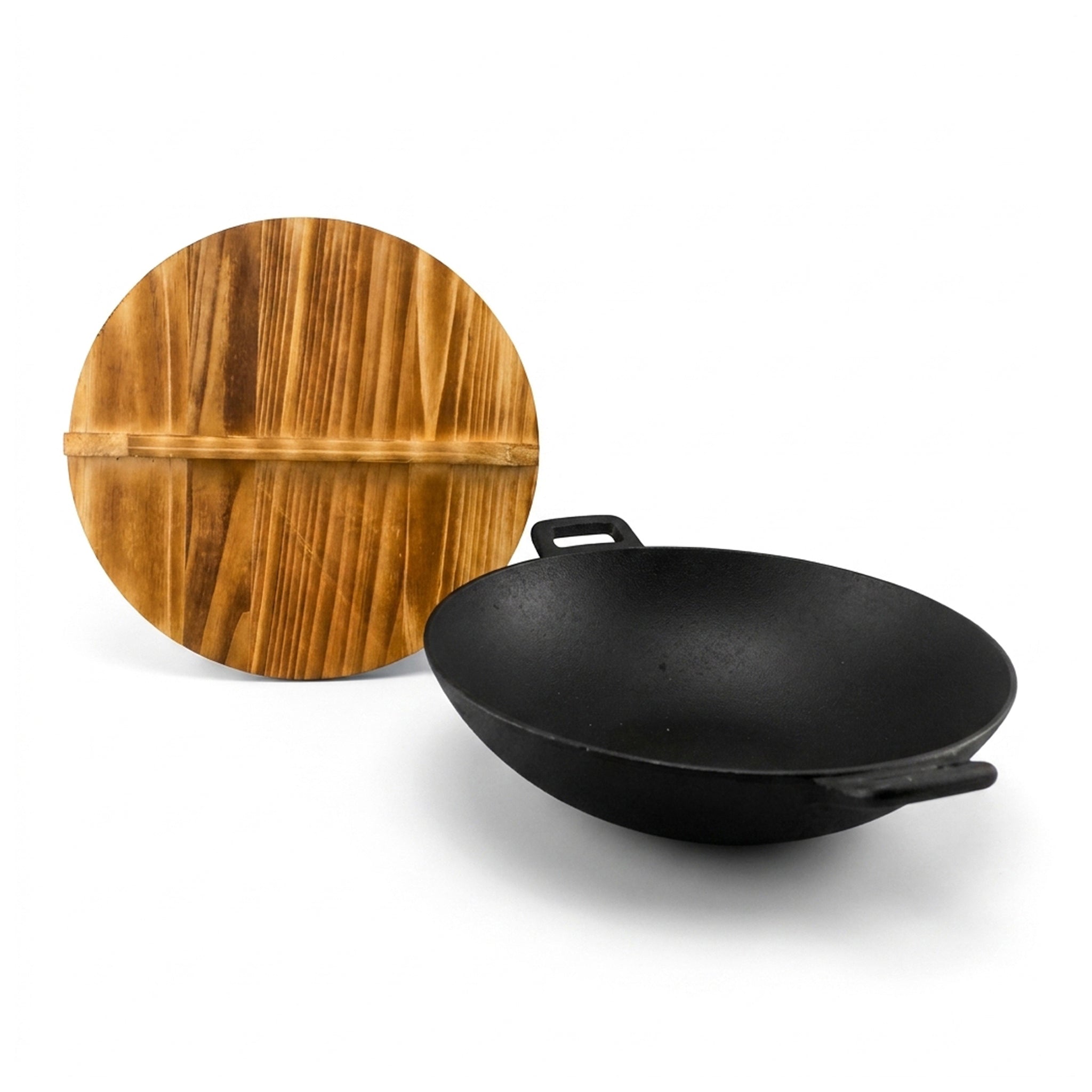Prime Cast Iron Black Woks With Wooden Lid