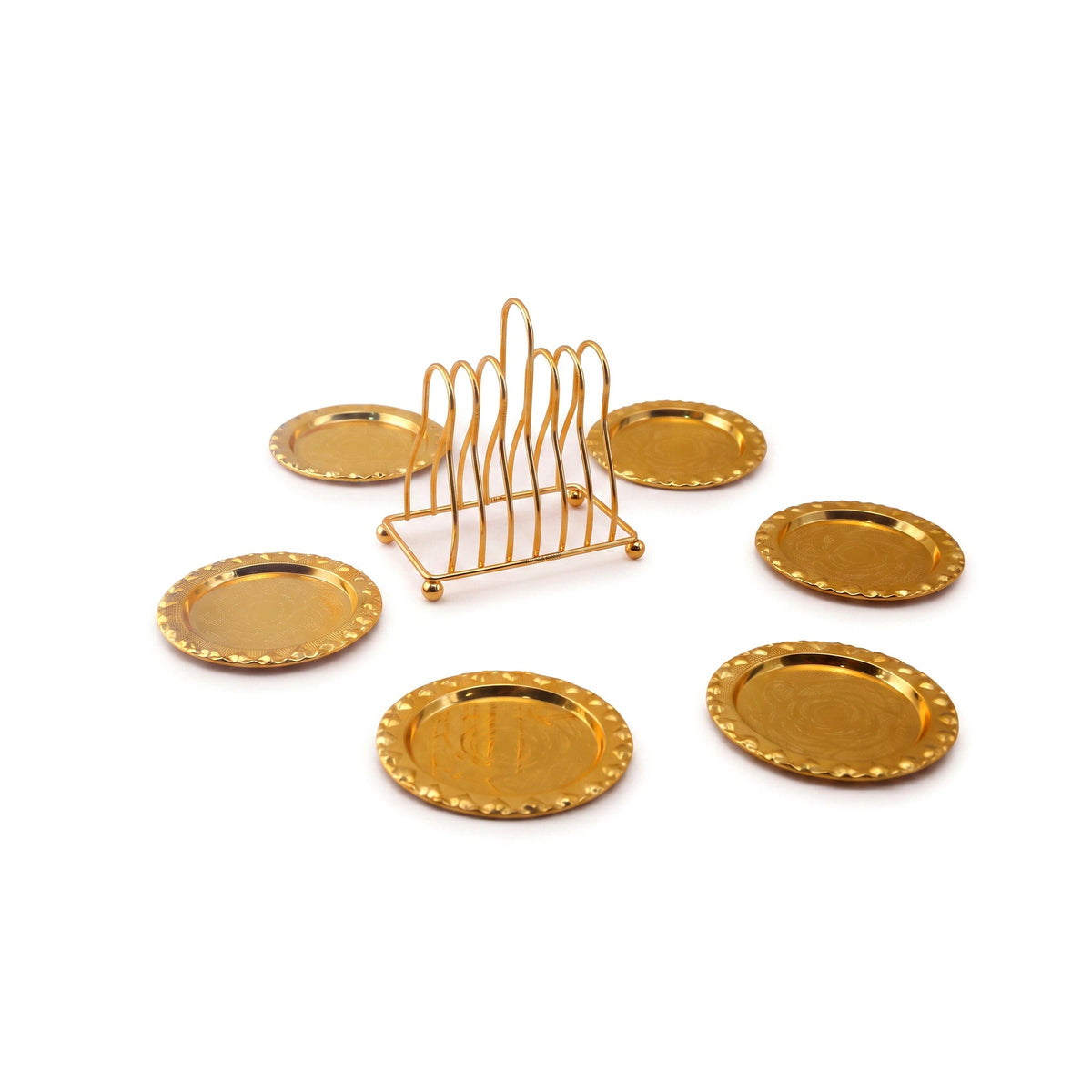 Fancy 6-Piece Metal Golden Coaster Set With Stand Kaka Bawa Sons