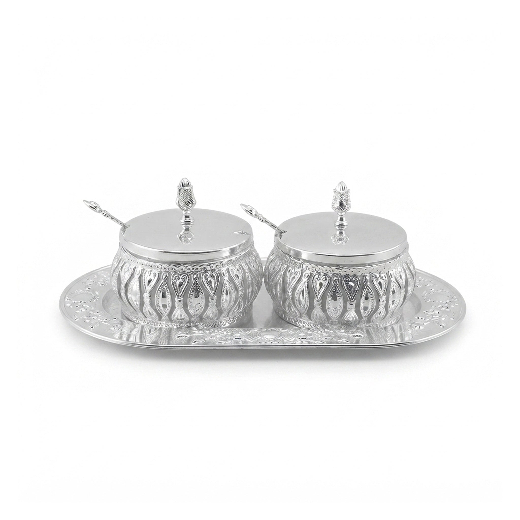Fancy Metal Milk and Sugar Pot On A Stand Set