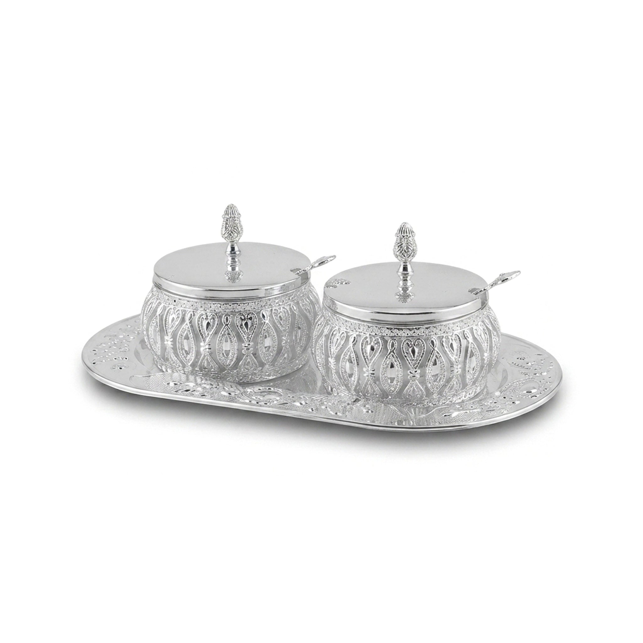 Fancy Metal Milk and Sugar Pot On A Stand Set