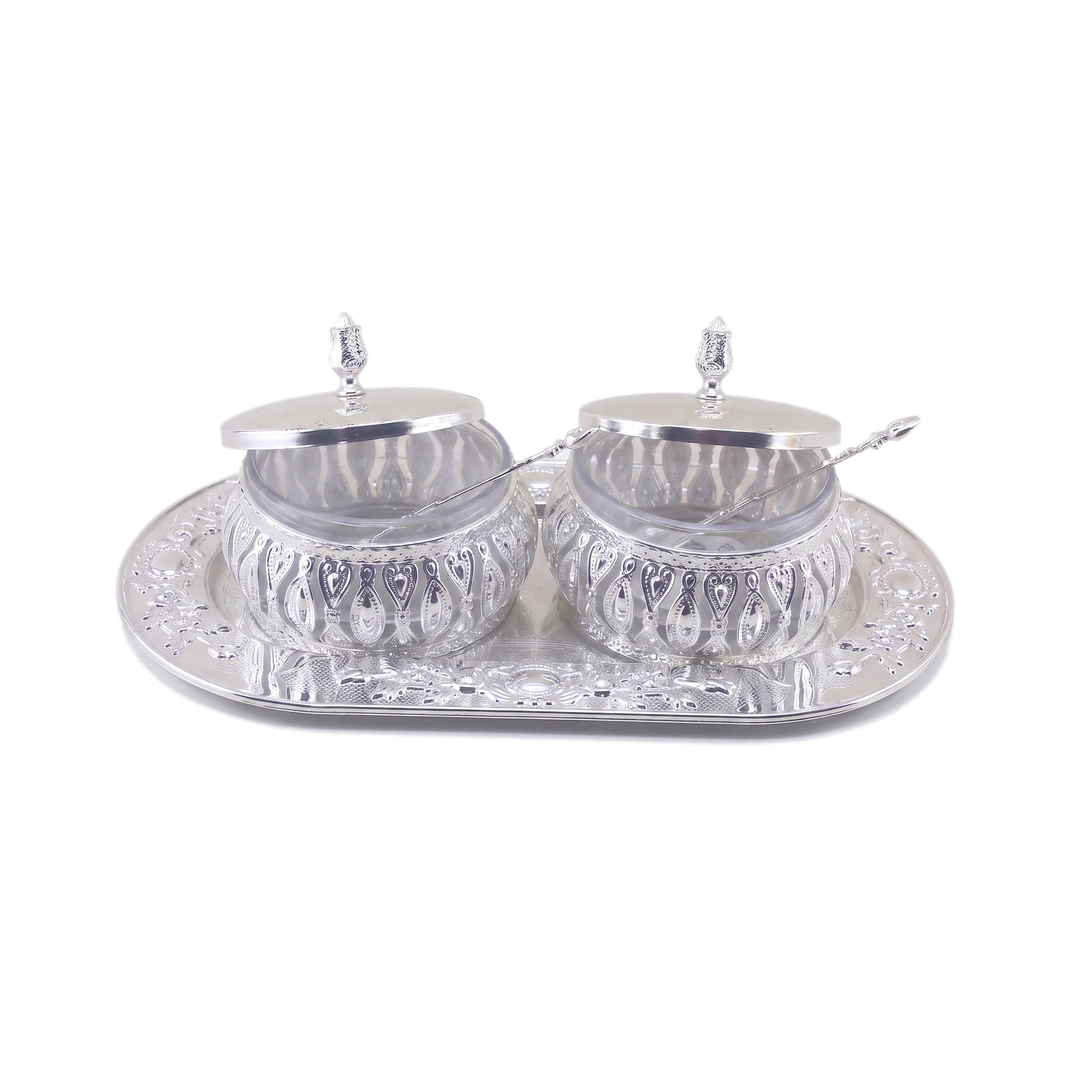 Fancy Metal Milk and Sugar Pot On A Stand Set